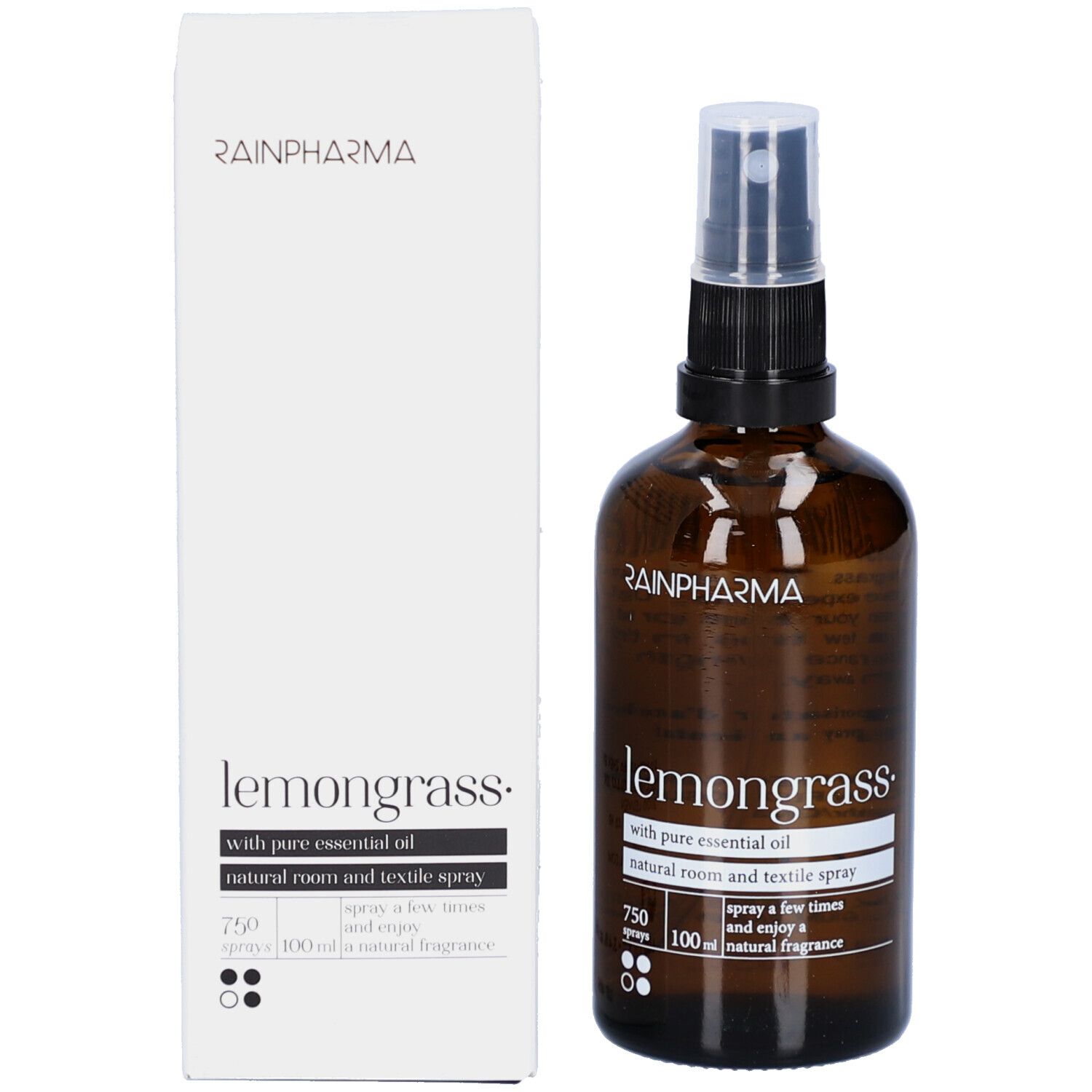 Produit et emballage. Flacon en verre brun avec vaporisateur et boîte blanche. Inscription : Rainpharma, Lemongrass.