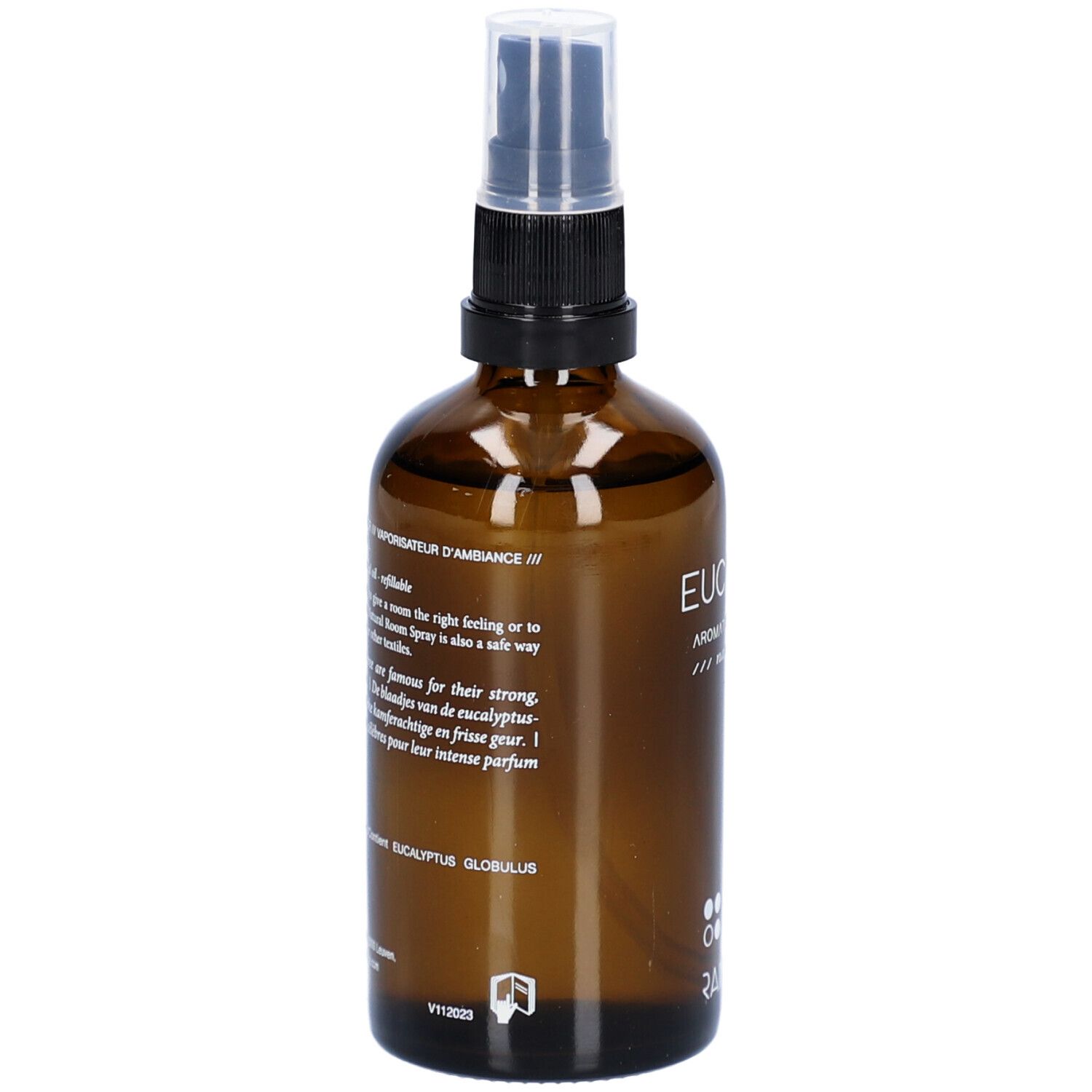 Flacon en verre brun avec vaporisateur. Texte : Parfum d'ambiance, Eucalyptus Globulus. Texte en anglais et français. Logo Rainpharma.
