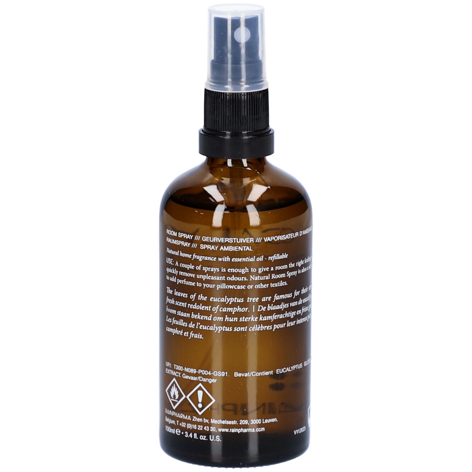 Flacon en verre brun avec vaporisateur. Texte : Parfum d'ambiance, Eucalyptus Globulus. Texte en anglais et français. Logo Rainpharma.