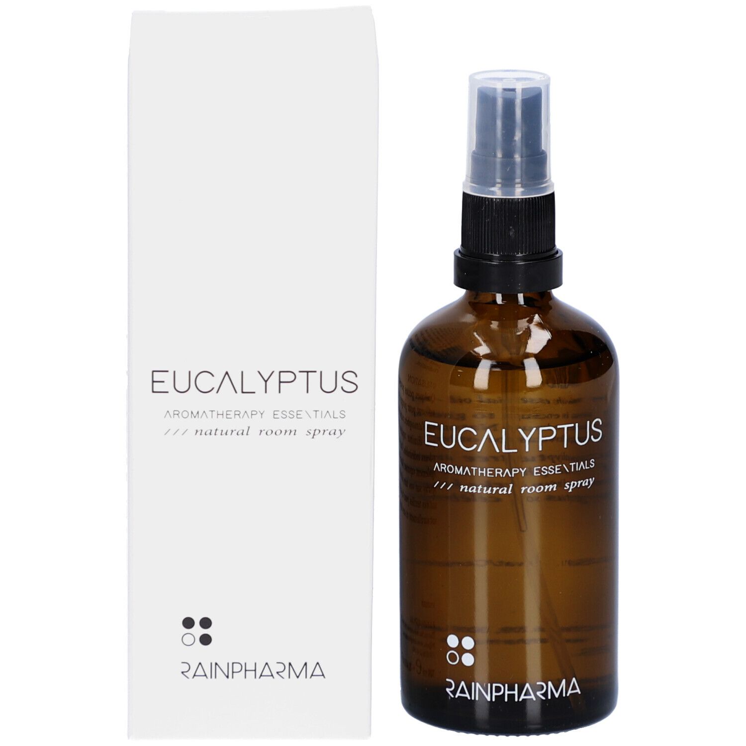 Emballage blanc avec inscription : Eucalyptus, Aromatherapy Essentials, natural room spray. Logo Rainpharma.