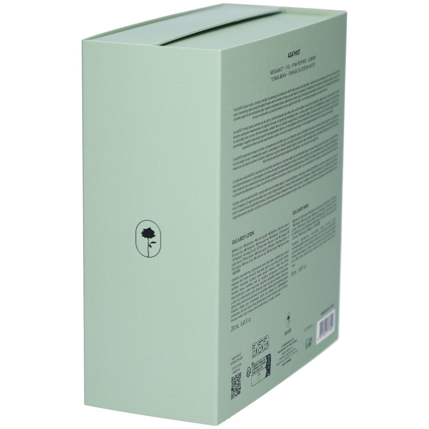 Boîte vert clair. Logo rose. Texte: SOUL & BODY LOTION, SOUL & BODY WASH. Ingrédients et informations.