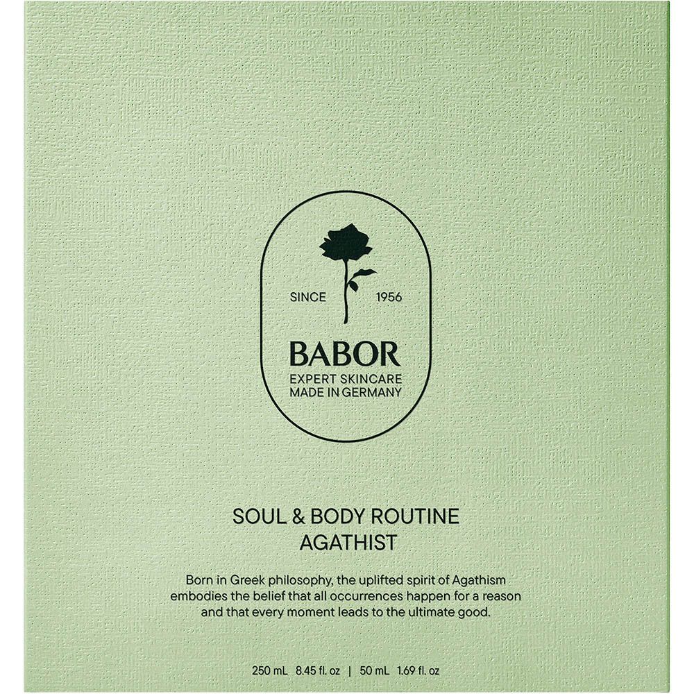 Boîte vert clair, lotion et gel douche. Logo rose et texte BABOR. Texte : Soul & Body Routine Agathist.