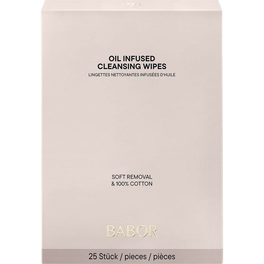 Boîte rose avec texte. Sur la boîte, on lit « OIL INFUSED CLEANSING WIPES » et « BABOR ».