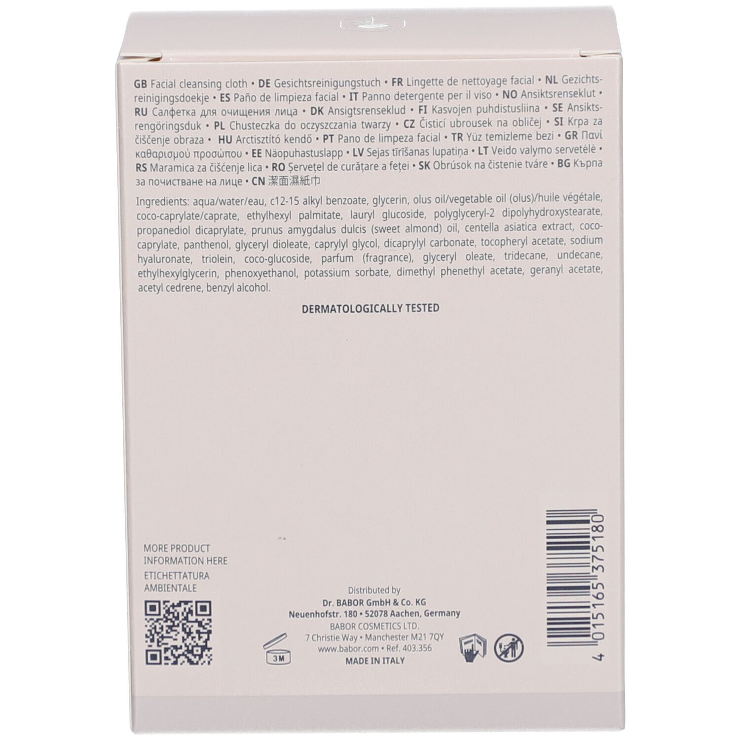 Dos de la boîte blanche. Texte multilingue et logos.