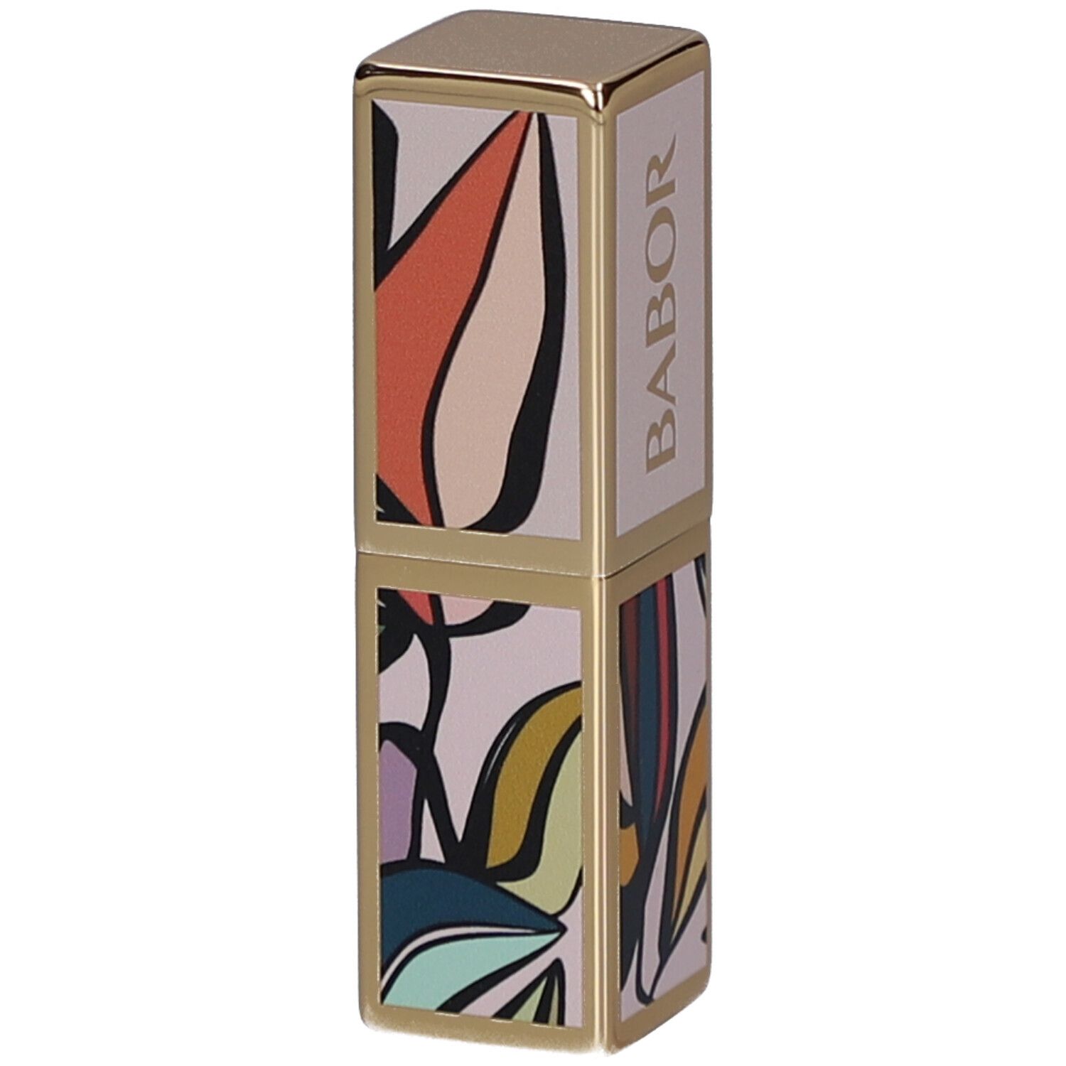 Étui de rouge à lèvres avec motif floral et détails dorés. Le mot BABOR est clairement visible.