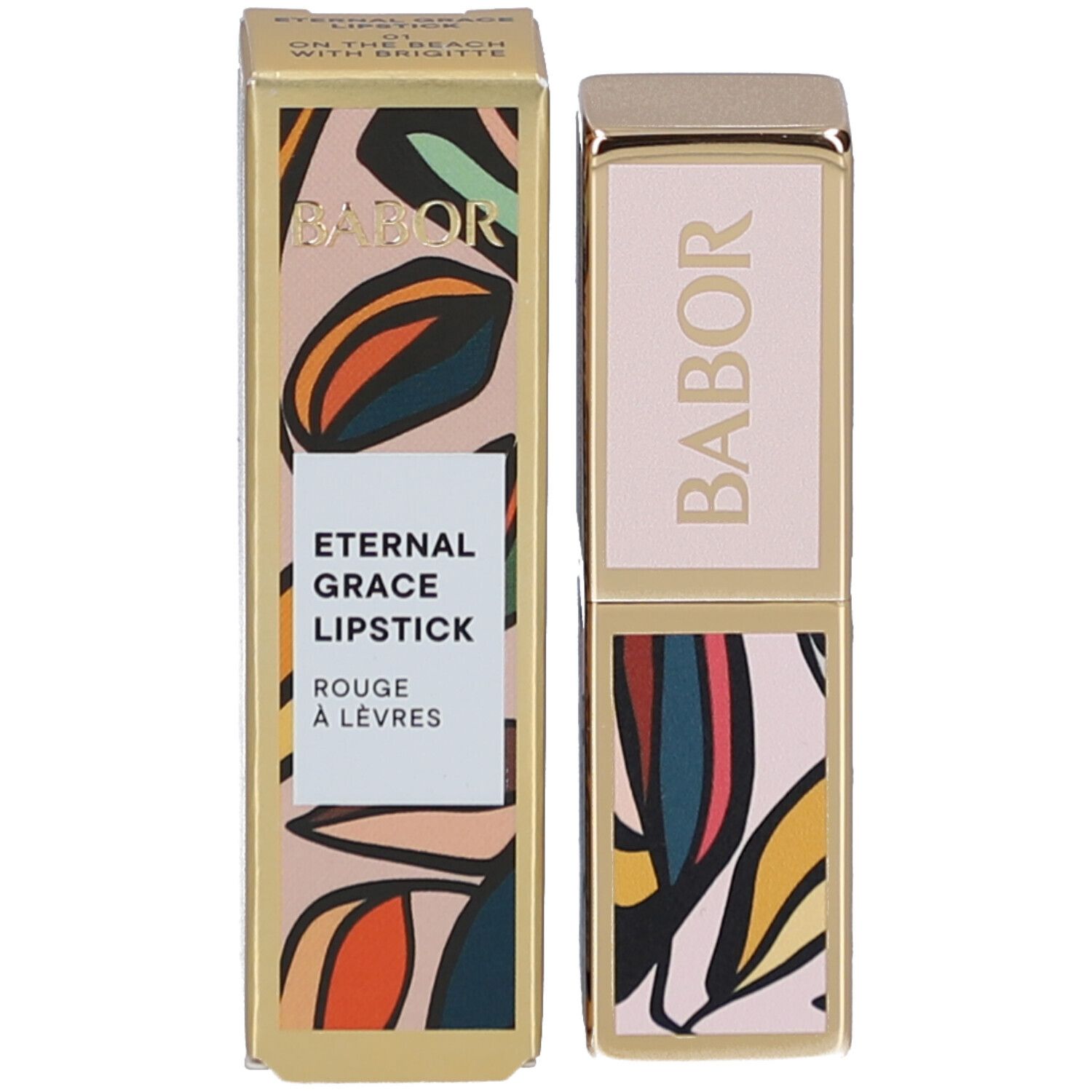 Emballage de rouge à lèvres. Inscription : BABOR, Eternal Grace Lipstick, Rouge à lèvres. Motif floral.