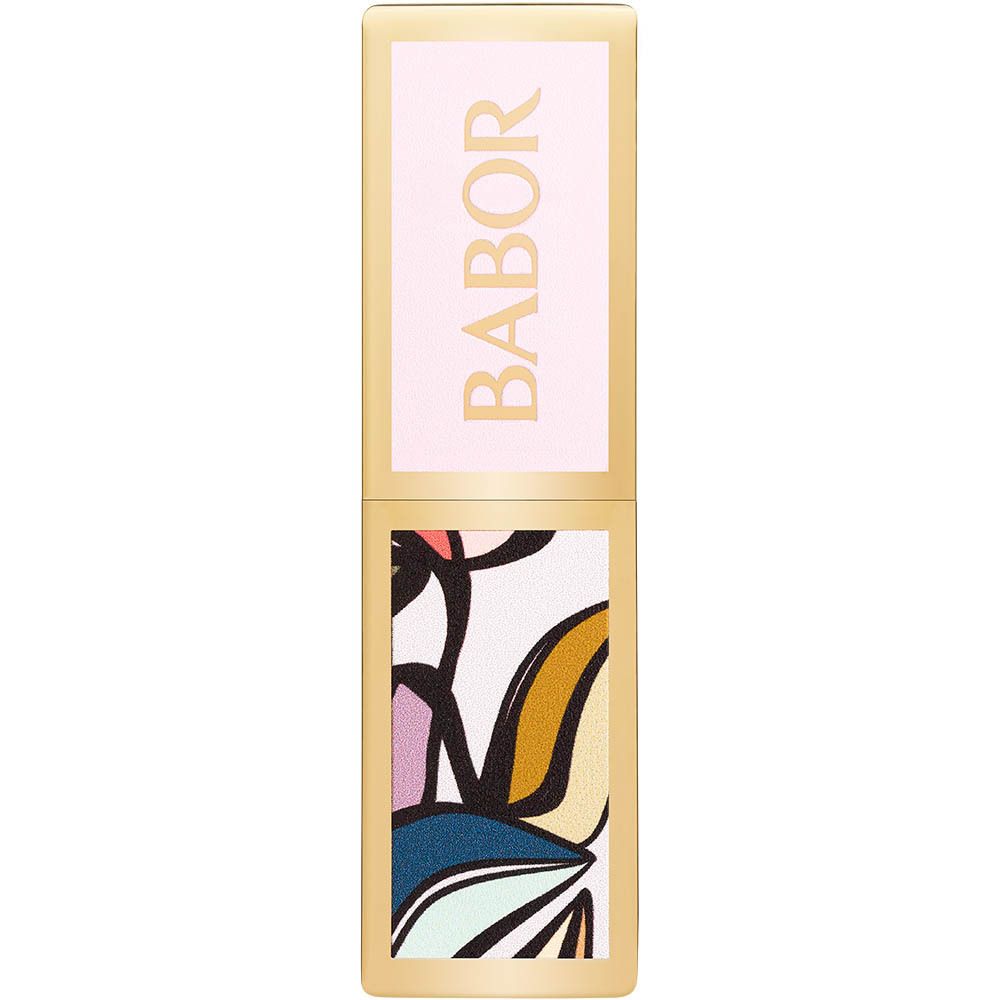 Rouge à lèvres BABOR. Boîtier doré avec motif. Inscription BABOR. Ouvert, rouge à lèvres visible.
