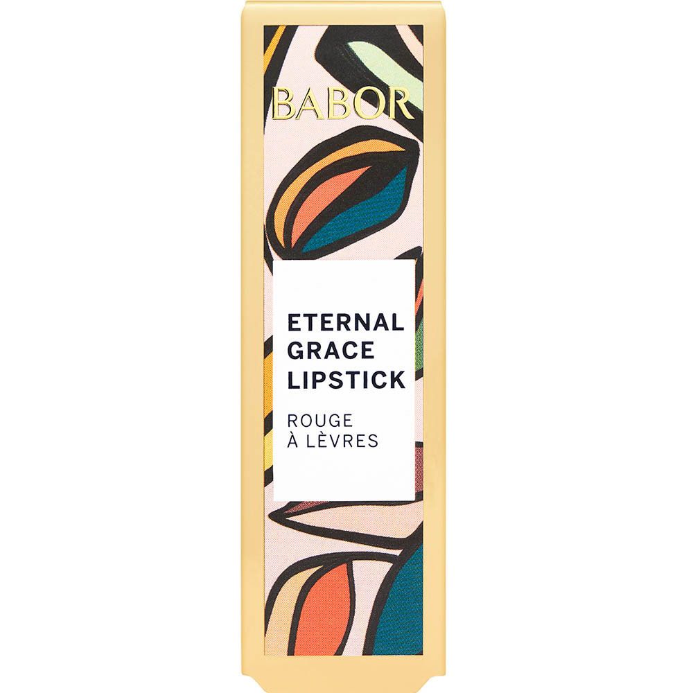 Rouge à lèvres BABOR et emballage. Emballage doré avec nom du produit. Rouge à lèvres avec motif.