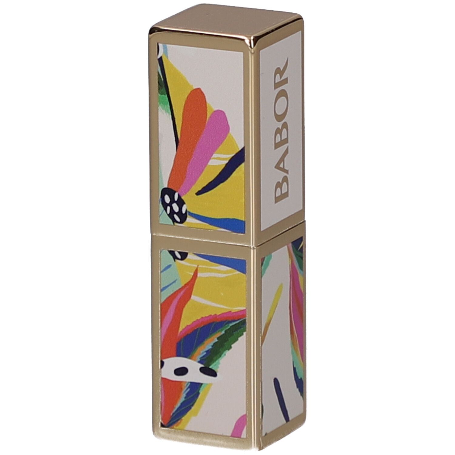 Rouge à lèvres BABOR. Boîtier doré avec motif floral. Inscription BABOR. Forme rectangulaire avec couvercle doré.
