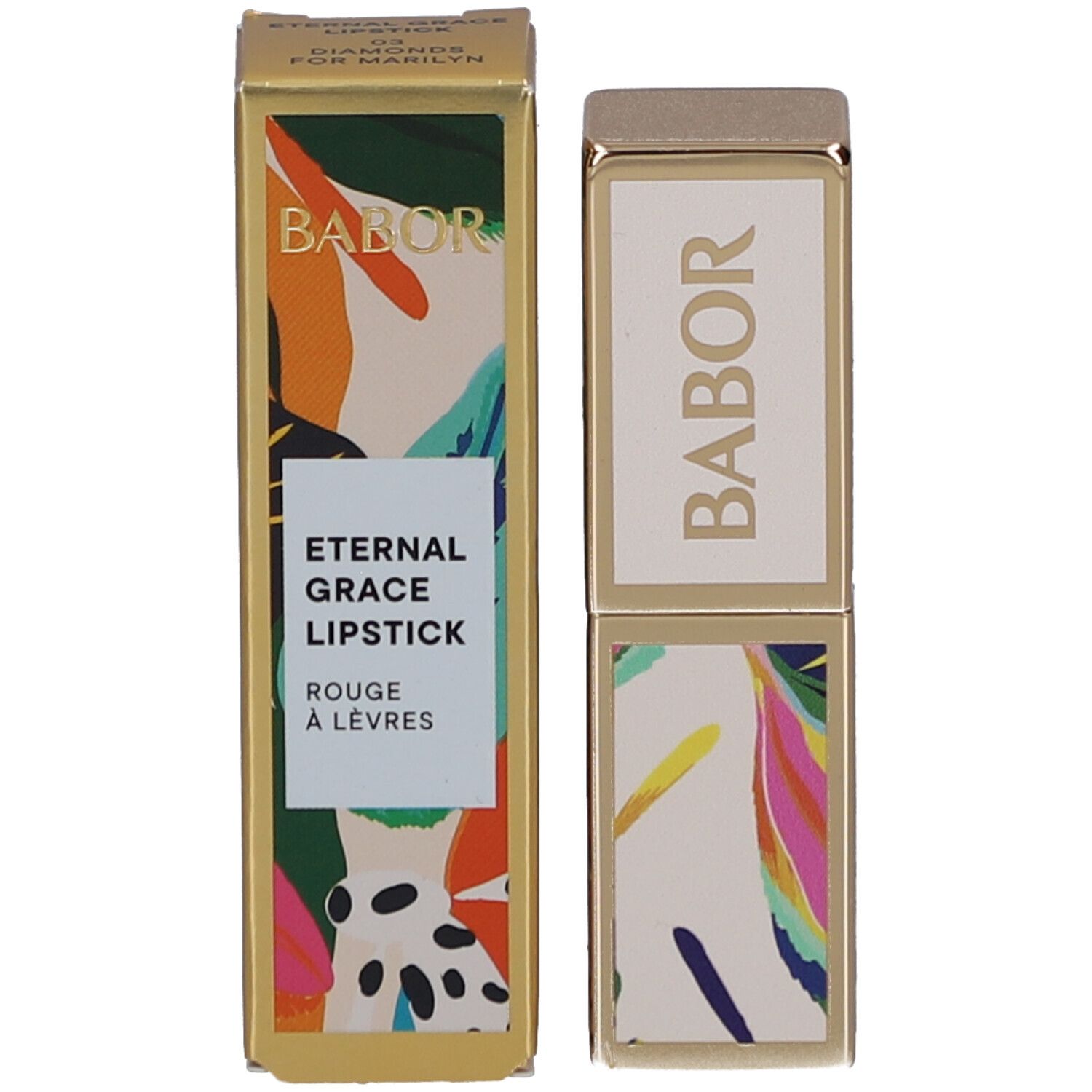 Rouge à lèvres BABOR et emballage. Emballage doré avec motif floral. Nom du produit et marque visibles.