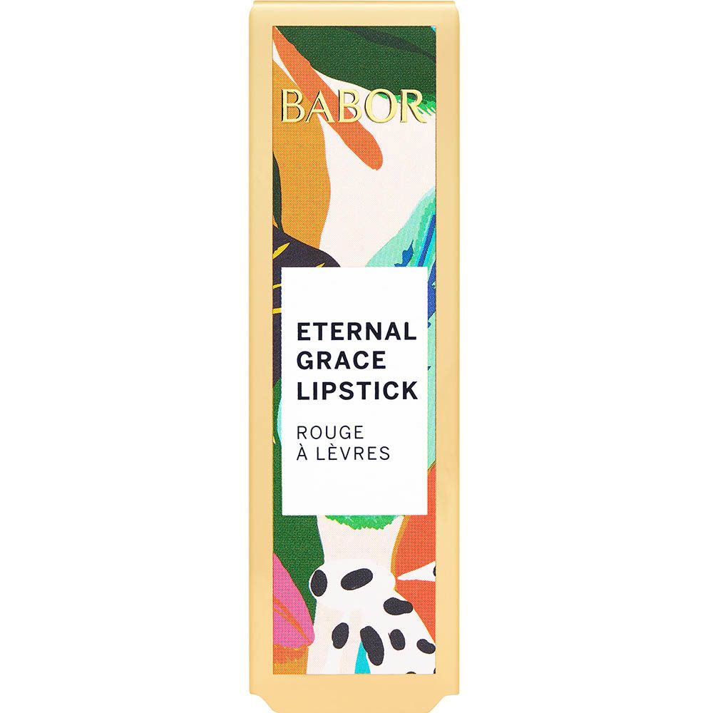 Rouge à lèvres BABOR, emballage doré. Nom du produit et marque visibles. Motif floral.