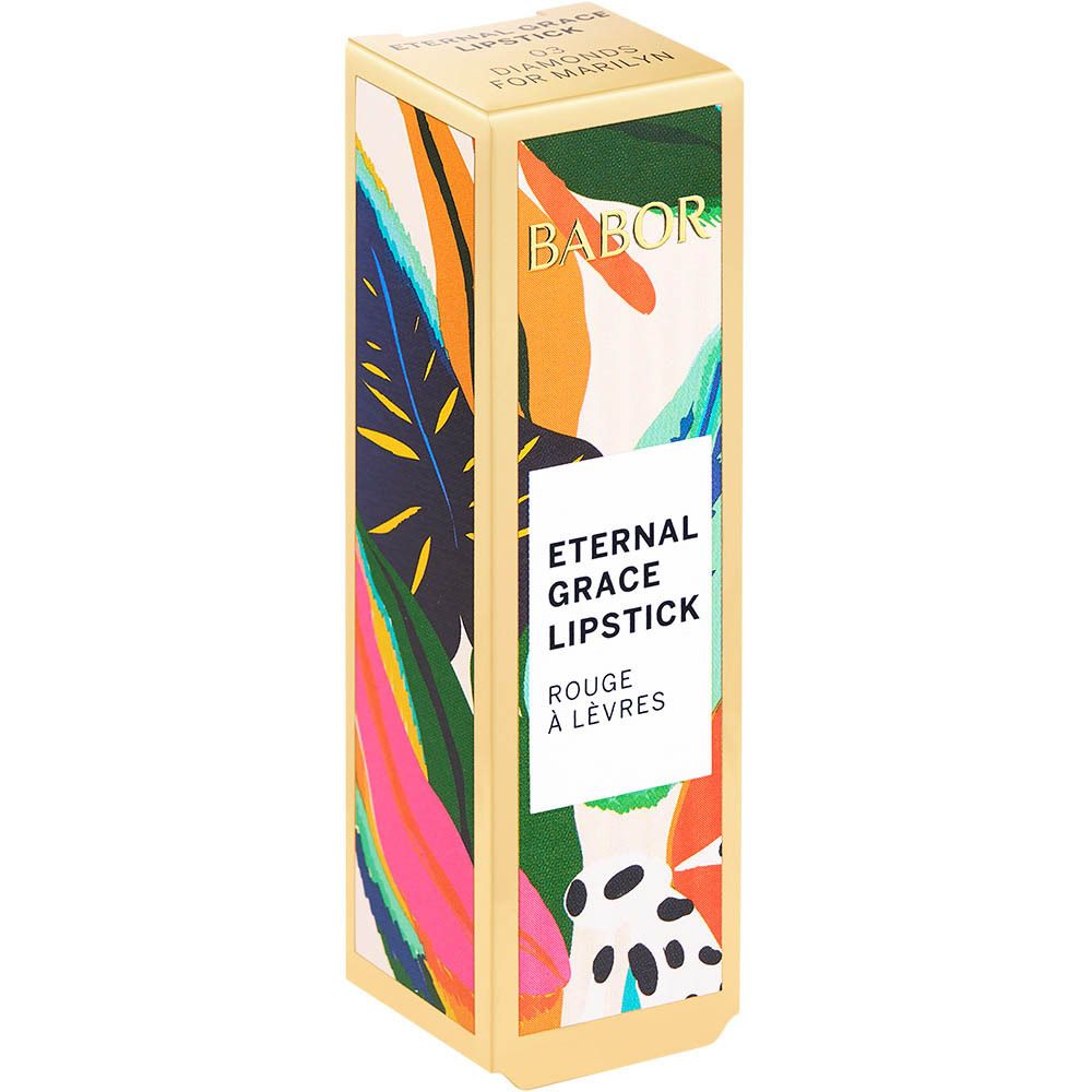 Rouge à lèvres BABOR et emballage. Emballage doré avec motif floral. Nom du produit et marque visibles.
