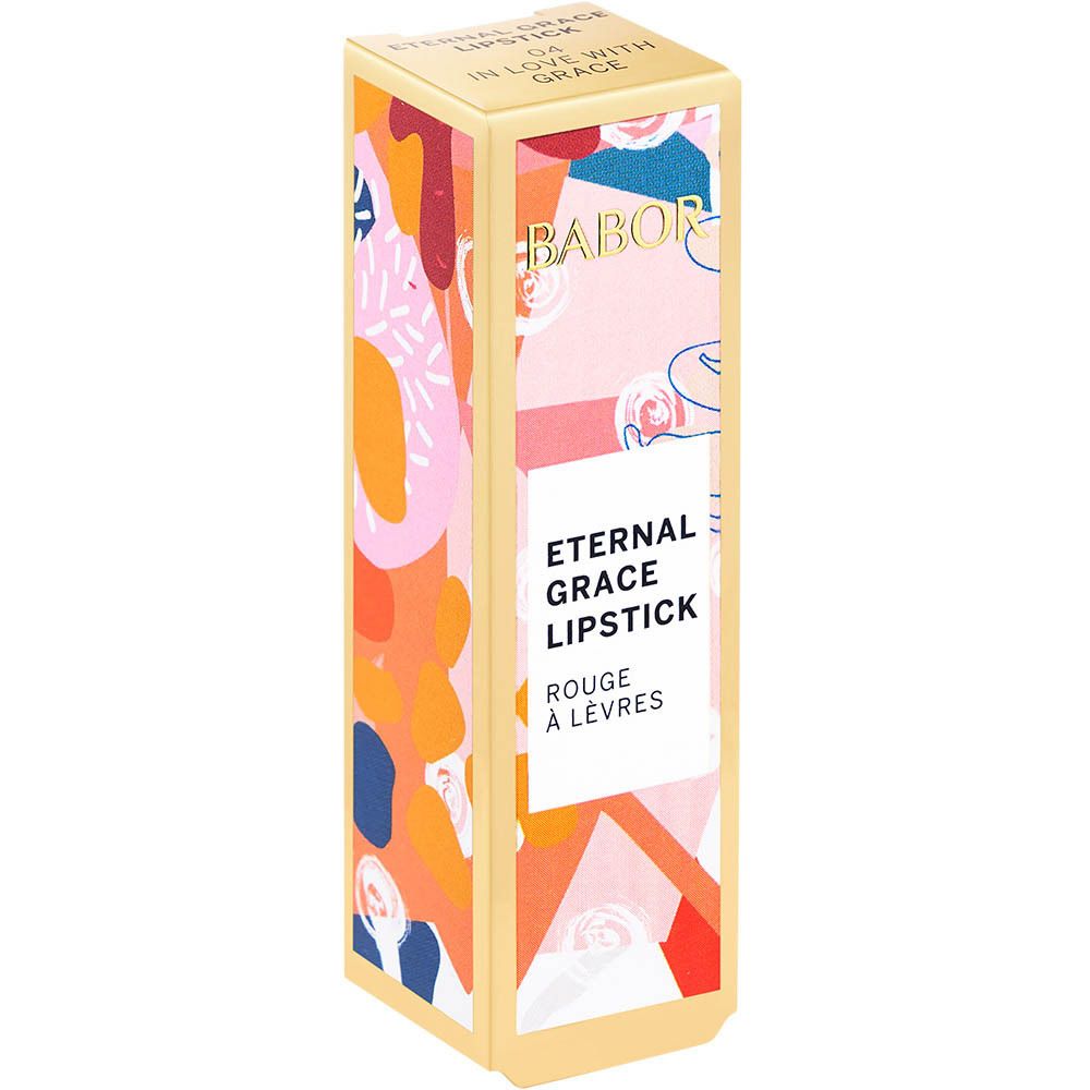 Rouge à lèvres et emballage. L'emballage indique Eternal Grace Lipstick.