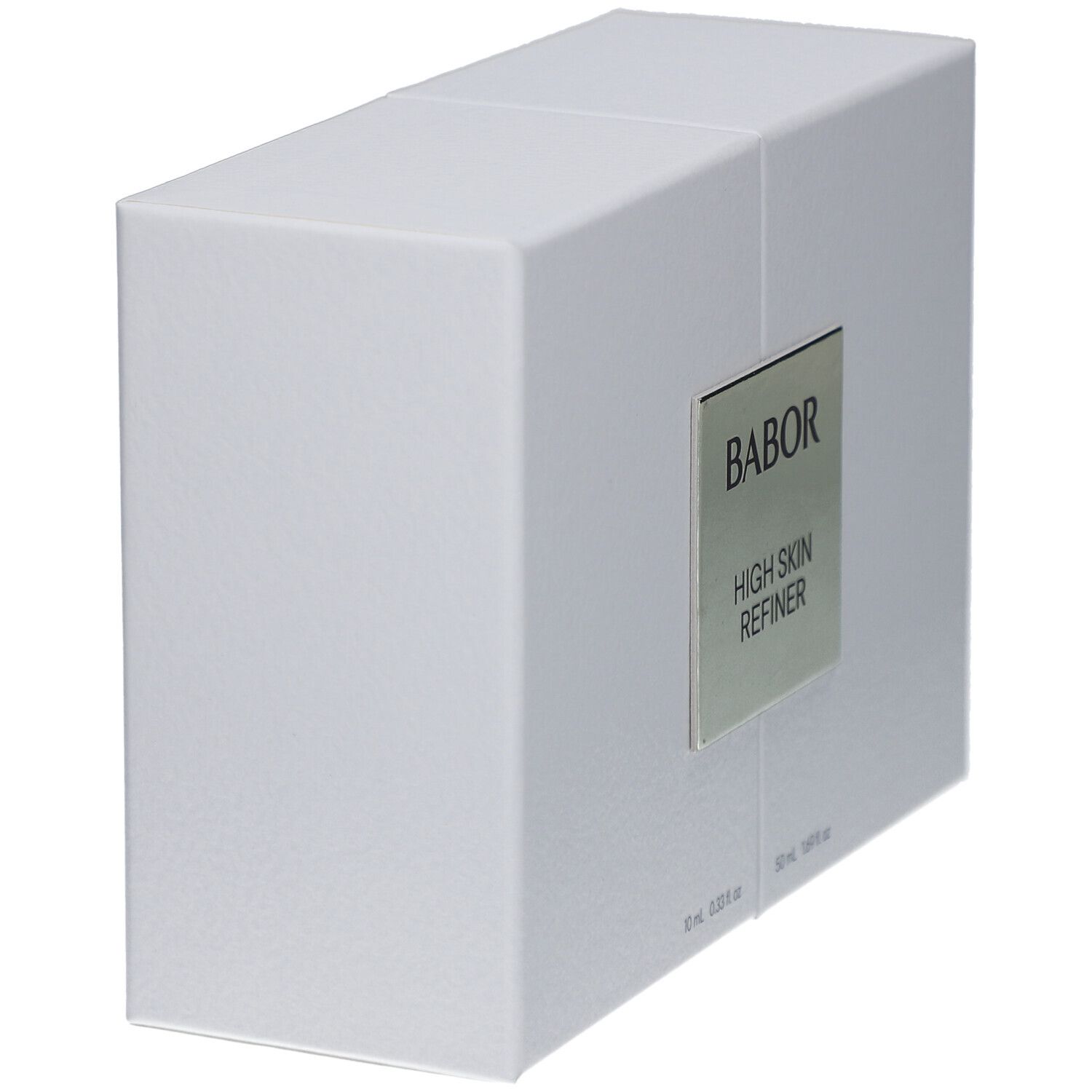 Coffret cadeau blanc en biais. Étiquette argentée avec "BABOR HIGH SKIN REFINER".