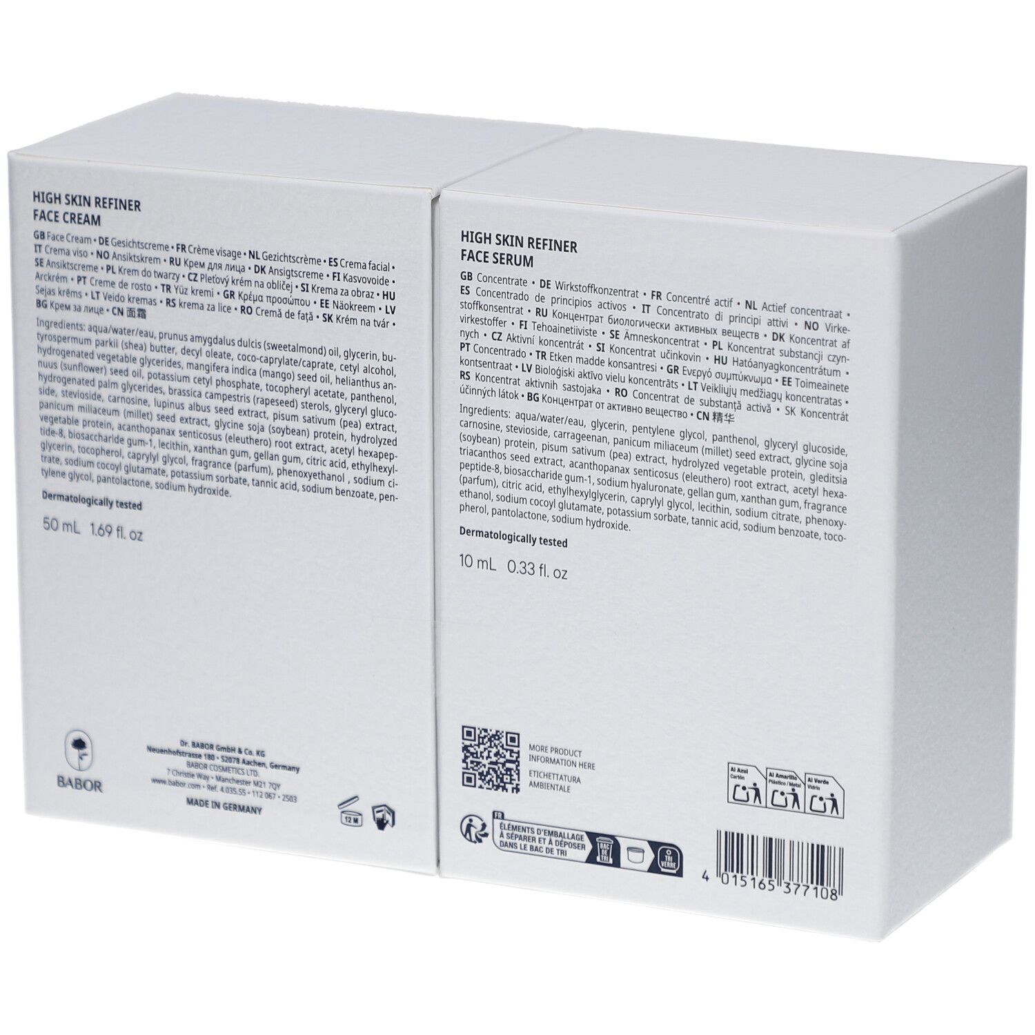 Dos du coffret blanc divisé. Texte avec ingrédients et informations en plusieurs langues.