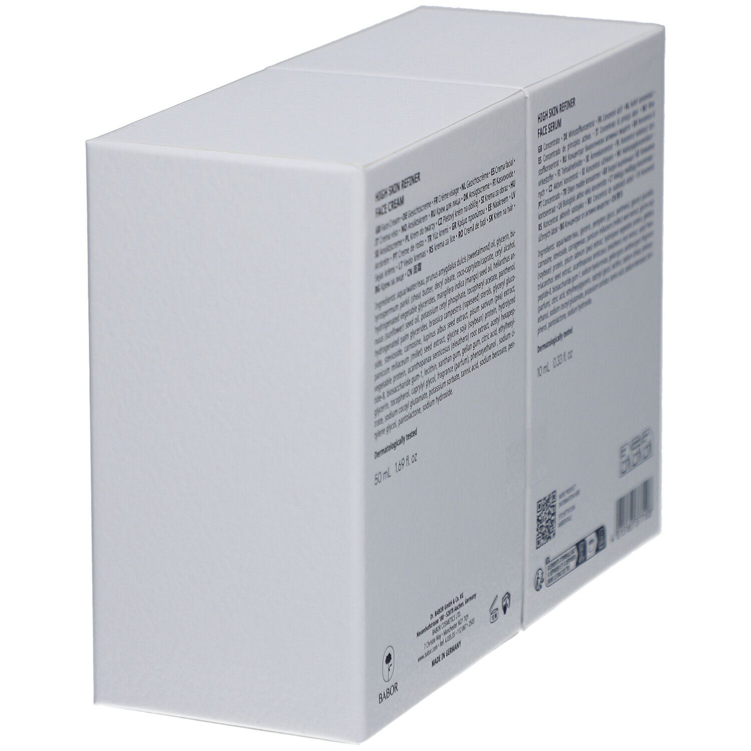 Vue oblique du coffret blanc divisé. Texte avec ingrédients et informations.