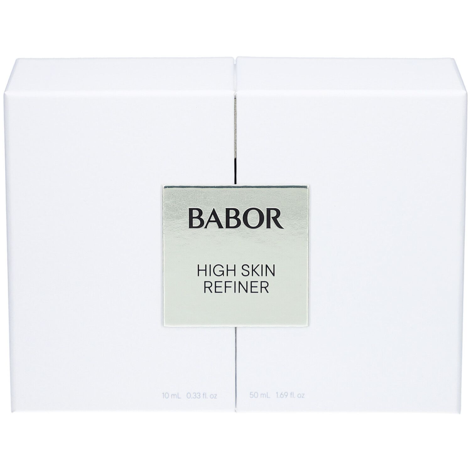 Coffret cadeau blanc divisé. Étiquette argentée avec "BABOR HIGH SKIN REFINER".
