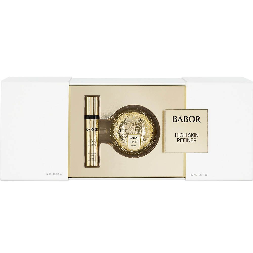 Coffret cadeau avec produits. Contient deux flacons et un pot rond. Inscription: BABOR HIGH SKIN REFINER.