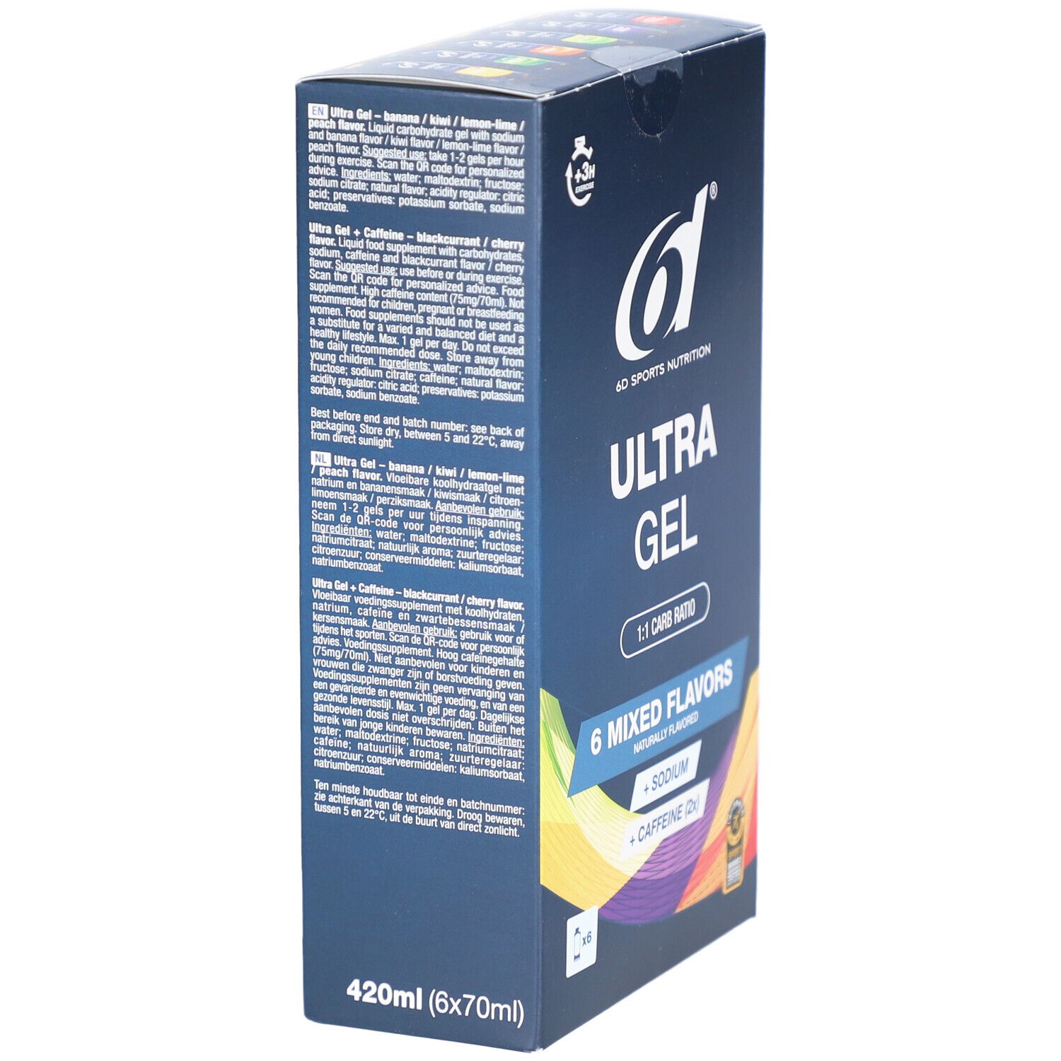 Boîte bleue foncée avec texte. Logo 6d et Ultra Gel. Contient 6 saveurs mixtes. 420ml (6x70ml).