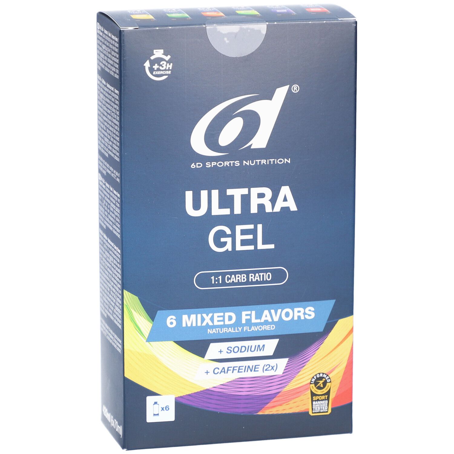 Boîte bleue foncée avec logo 6d et texte Ultra Gel. Contient 6 saveurs mixtes. 420ml (6x70ml).