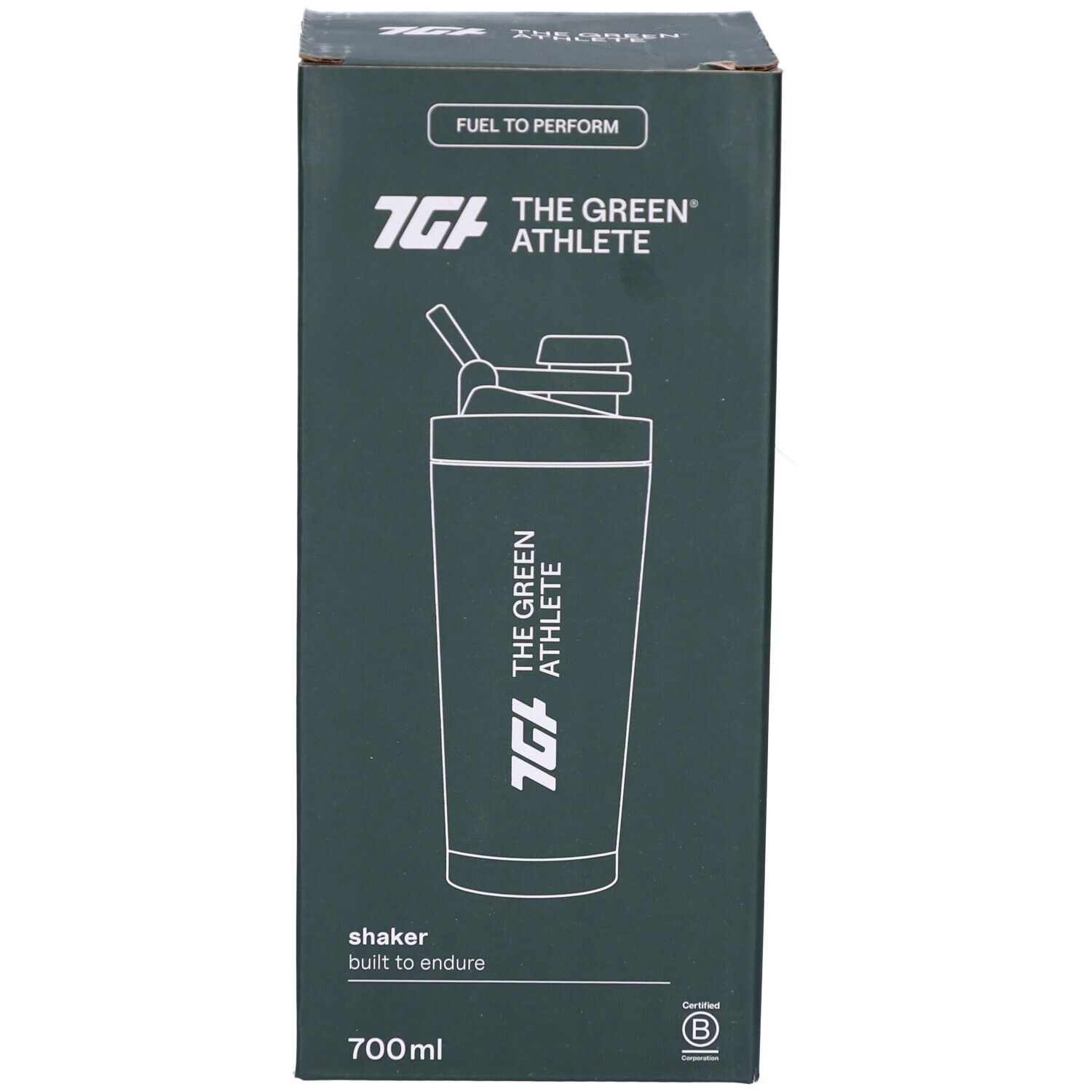 Emballage avec image du shaker et logo "THE GREEN ATHLETE". Texte : "shaker built to endure" et "700 ml".