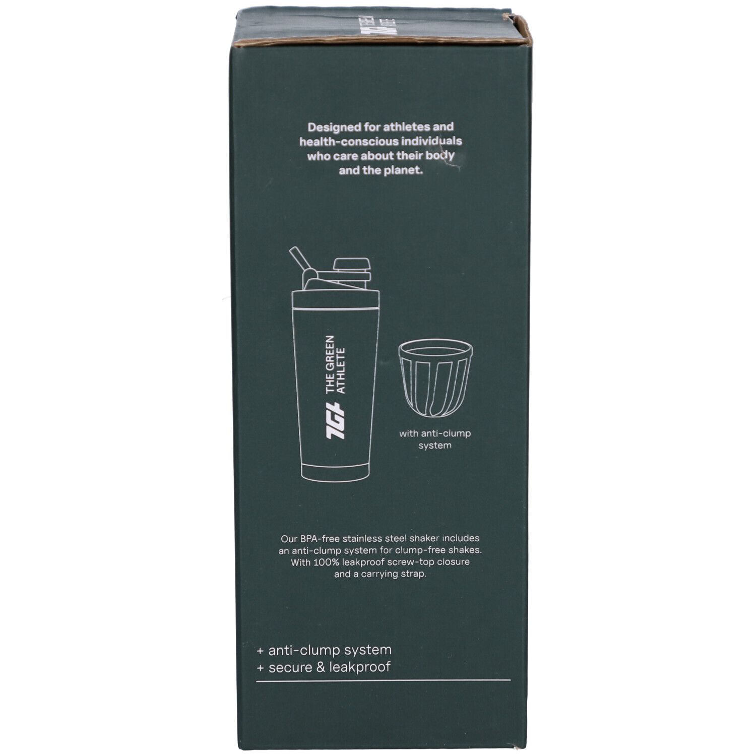 Emballage avec texte sur le produit et image du shaker. Texte : "+ anti-clump system + secure & leakproof".