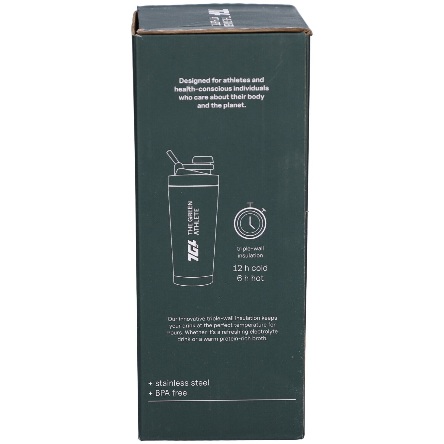 Emballage avec texte et image du shaker. Texte : "triple-wall insulation" et "12 h cold, 6 h hot".