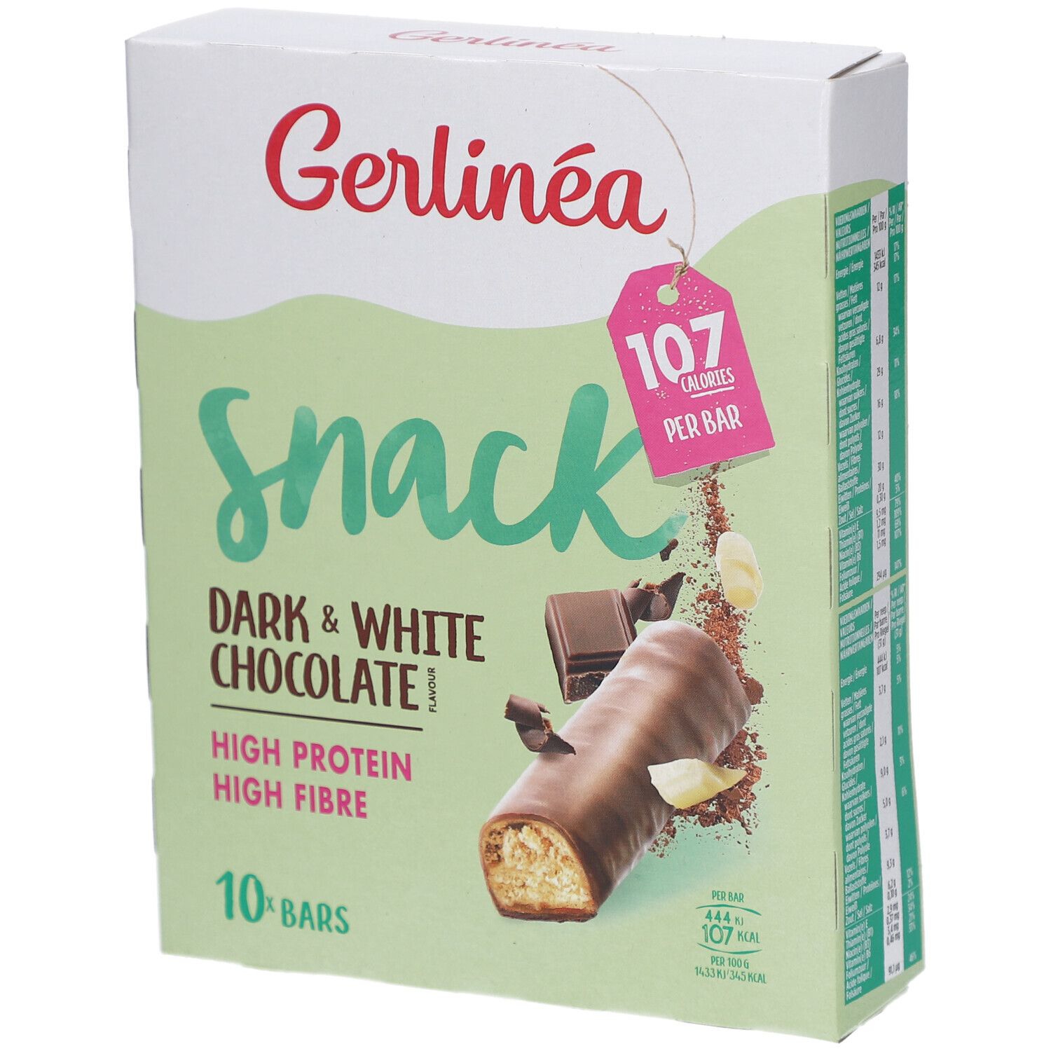 Boîte de Gerlinéa Snack, 10 barres. Chocolat noir et blanc, riche en protéines et fibres. 107 calories par barre.