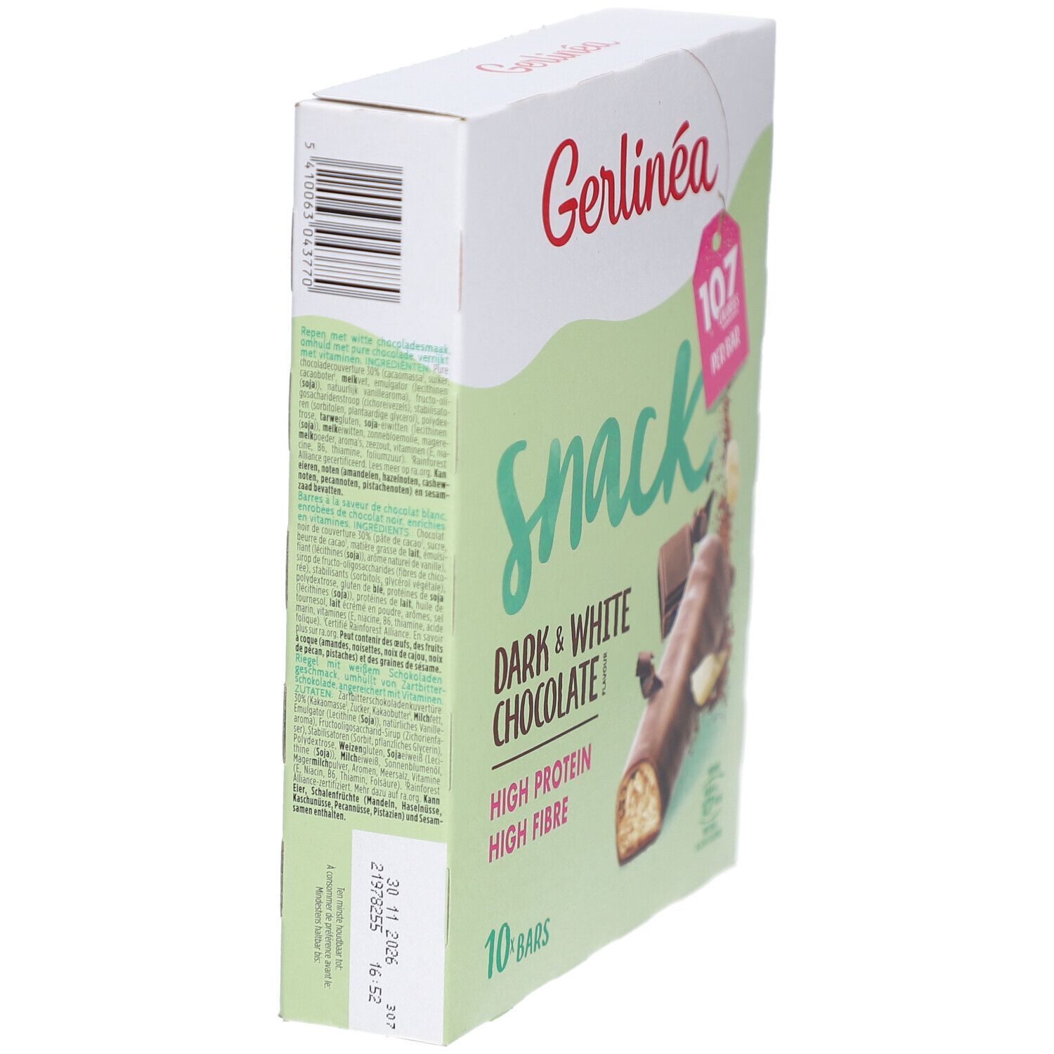 Vue latérale de l'emballage Gerlinéa Snack. Texte: Snack, chocolat noir et blanc, riche en protéines et fibres. 10 barres.