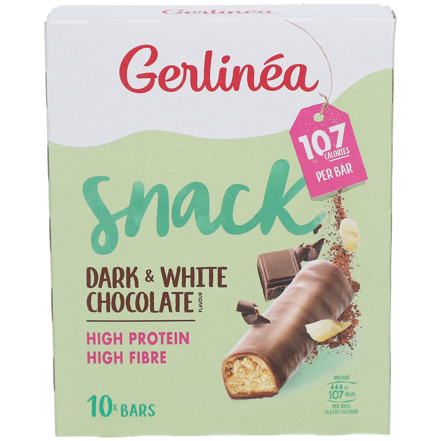 Boîte de Gerlinéa Snack, 10 barres. Chocolat noir et blanc, riche en protéines et fibres. 107 calories par barre.