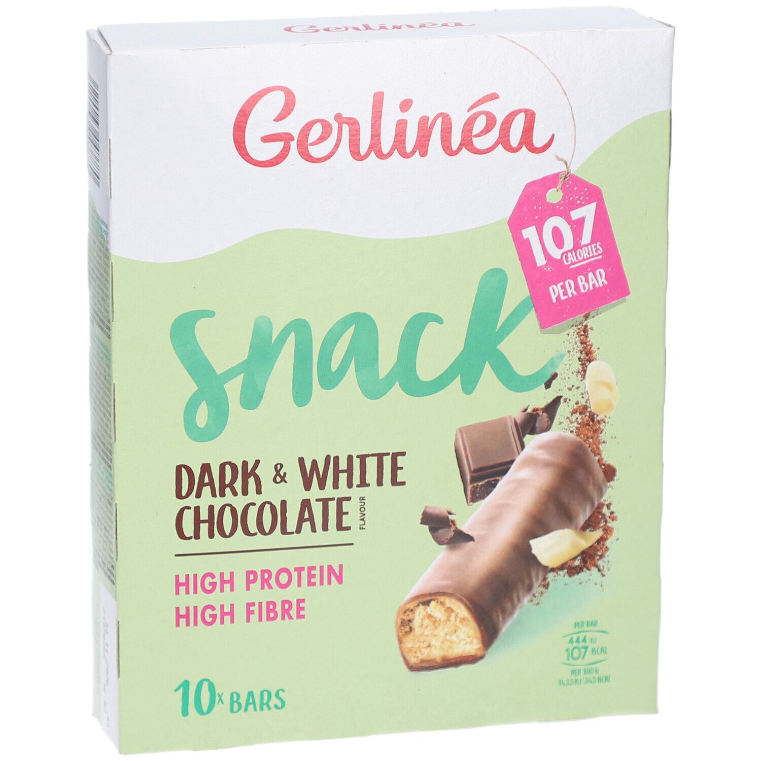 Boîte de Gerlinéa Snack, 10 barres. Chocolat noir et blanc, riche en protéines et fibres. 107 calories par barre.