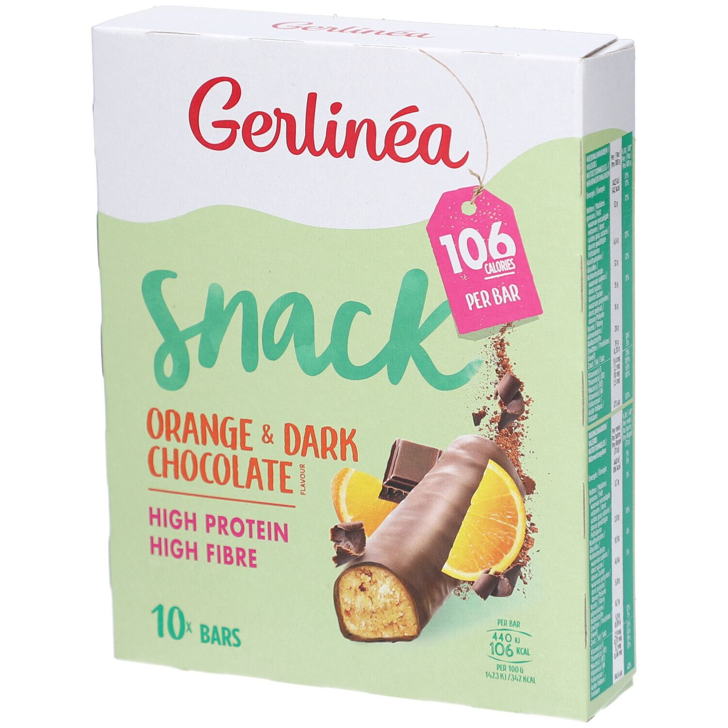 Boîte de Gerlinéa Snack Orange & Dark Chocolate. 10 barres. 106 calories par barre. Riche en protéines et fibres.