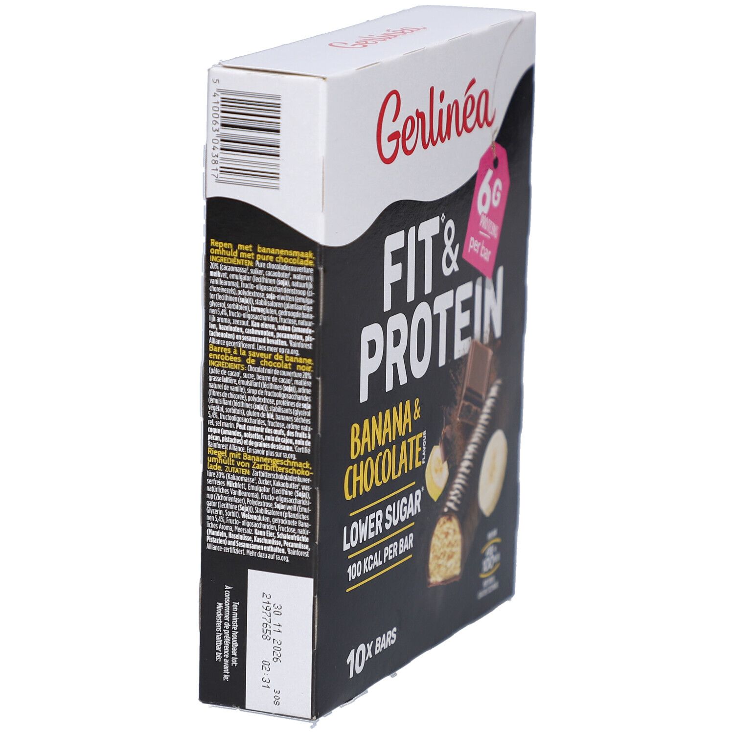Boîte Gerlinéa Fit & Protein Banane & Chocolat. Arrière avec texte. 6g protéines par barre. 10 barres.