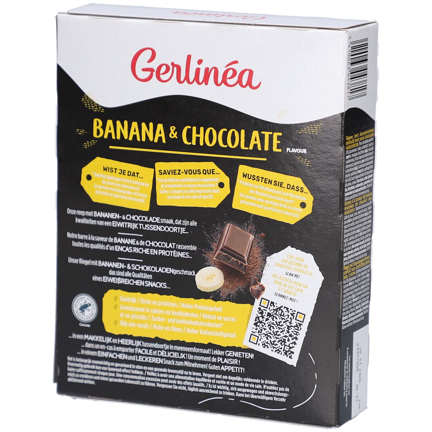 Dos de la boîte Gerlinéa Fit & Protein Banane & Chocolat. Texte et code QR. 10 barres.