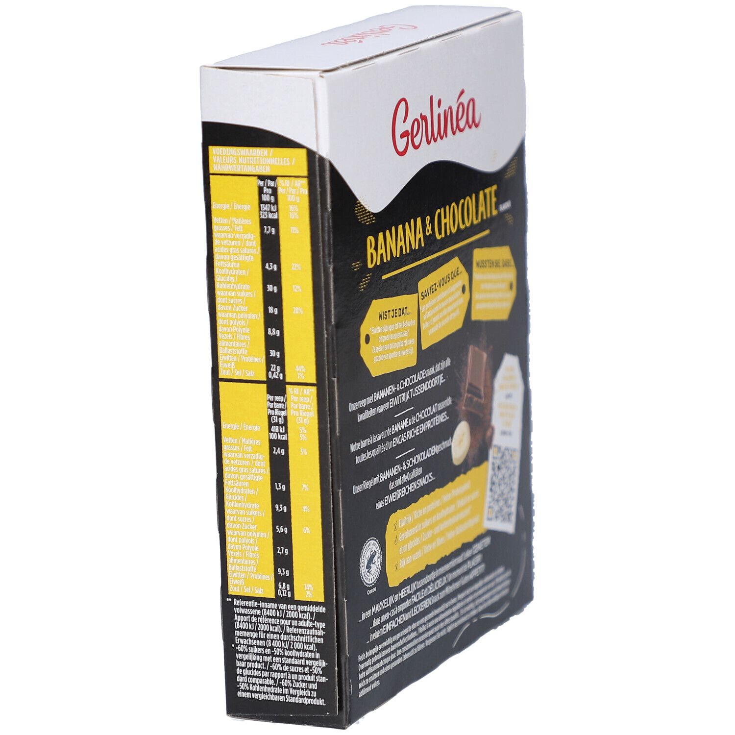 Boîte Gerlinéa Fit & Protein Banane & Chocolat. Côté avec informations nutritionnelles. 10 barres.