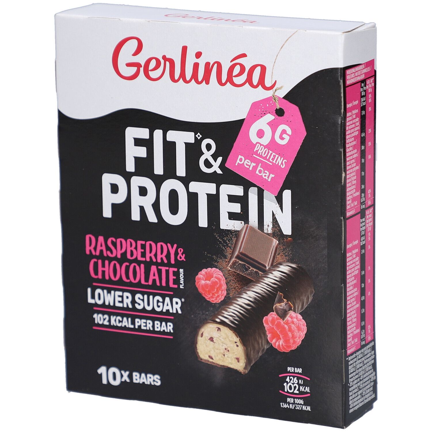 Boîte de barres Gerlinéa Fit & Protein Framboise & Chocolat. 10 barres. 6g protéines par barre. 102 kcal par barre.