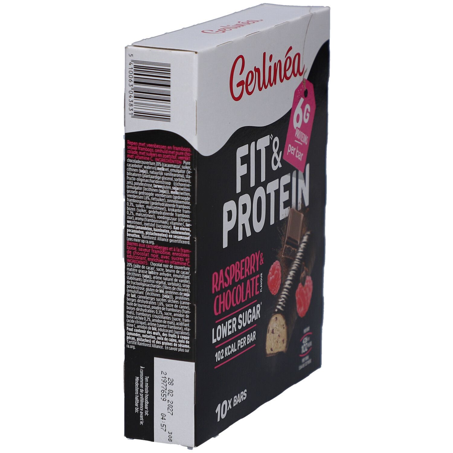 Boîte de barres Gerlinéa Fit & Protein Framboise & Chocolat, vue latérale. 10 barres. 6g protéines. 102 kcal.