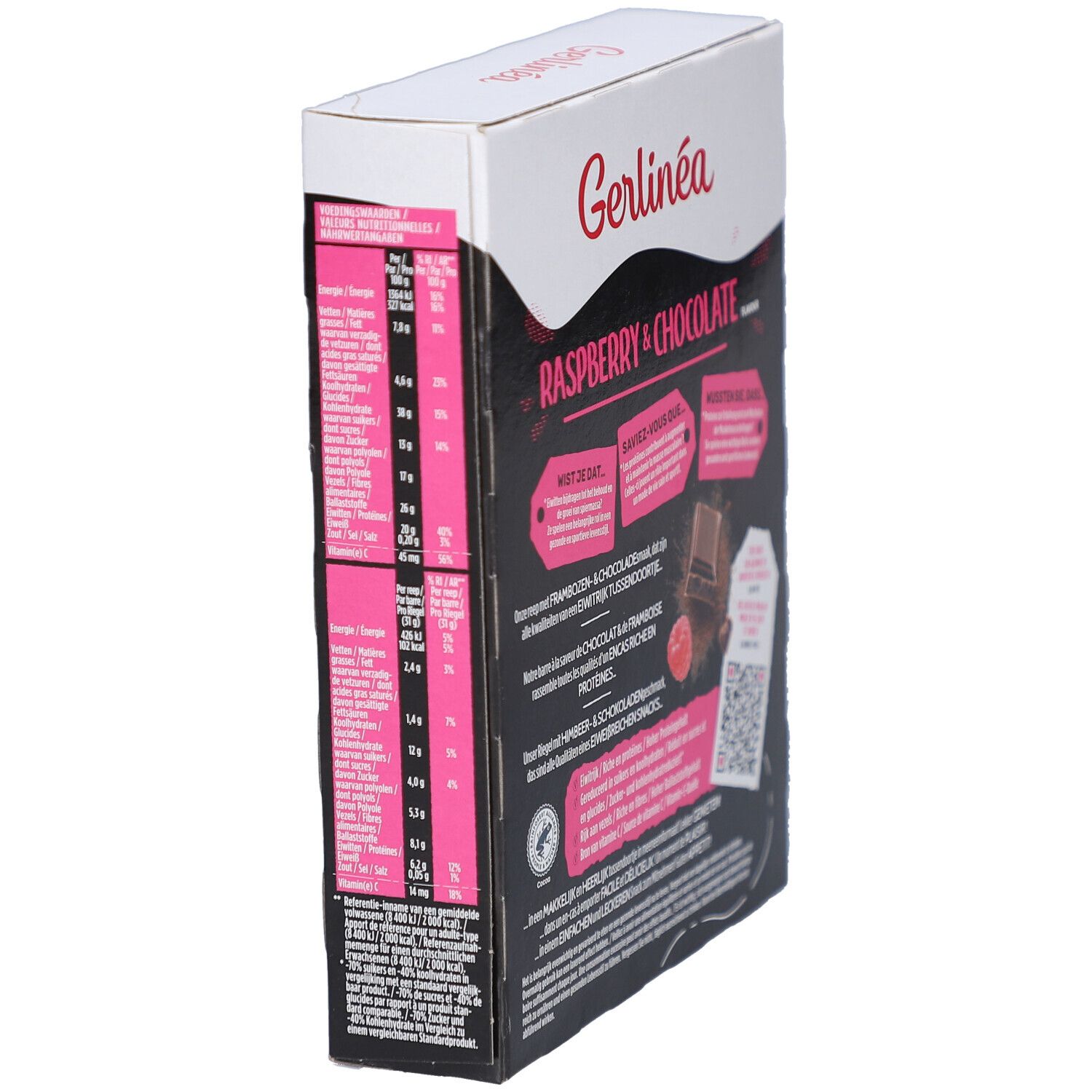Boîte de barres Gerlinéa Fit & Protein Framboise & Chocolat, vue latérale. Informations nutritionnelles et texte.