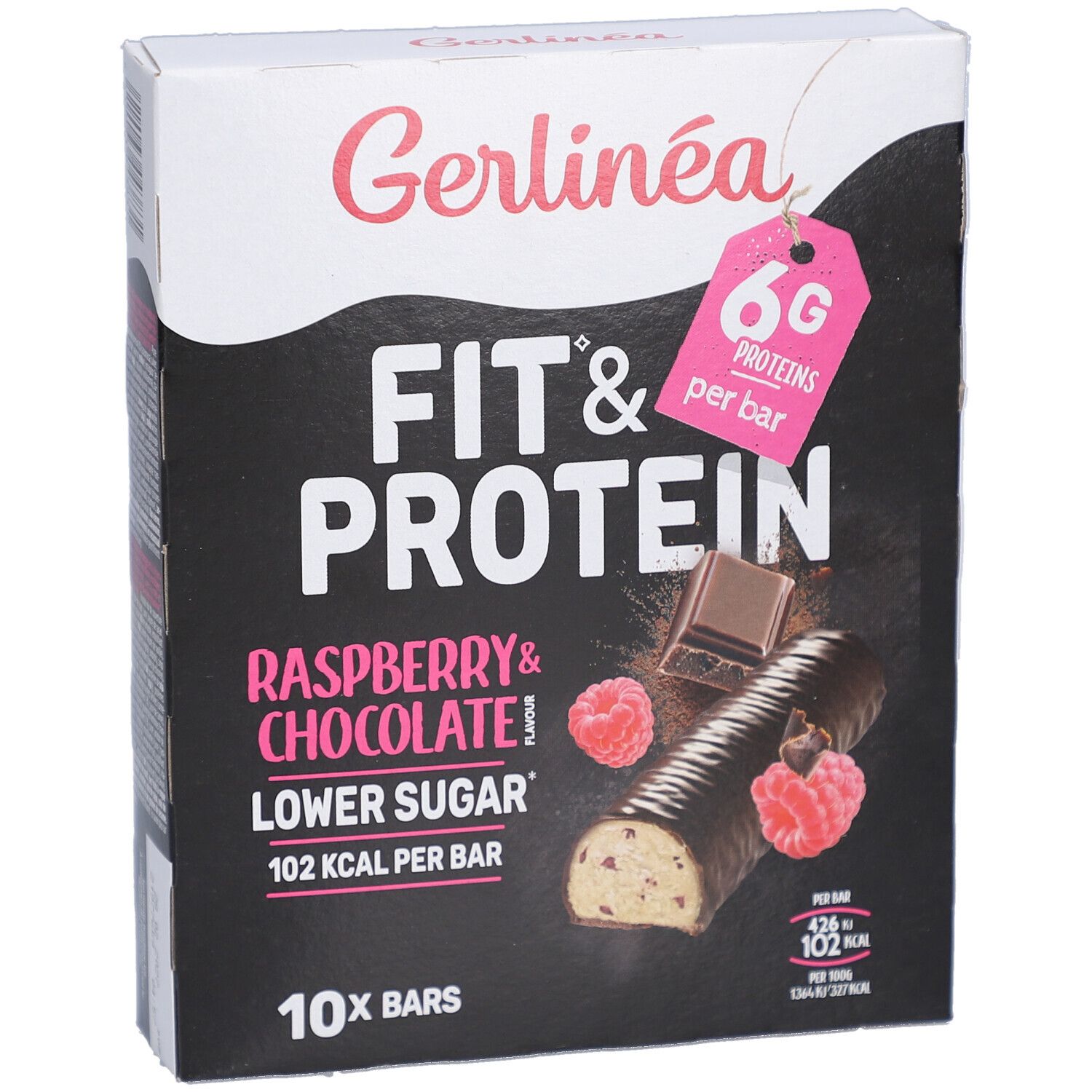 Boîte de barres Gerlinéa Fit & Protein Framboise & Chocolat. 10 barres. 6g protéines par barre. 102 kcal par barre.