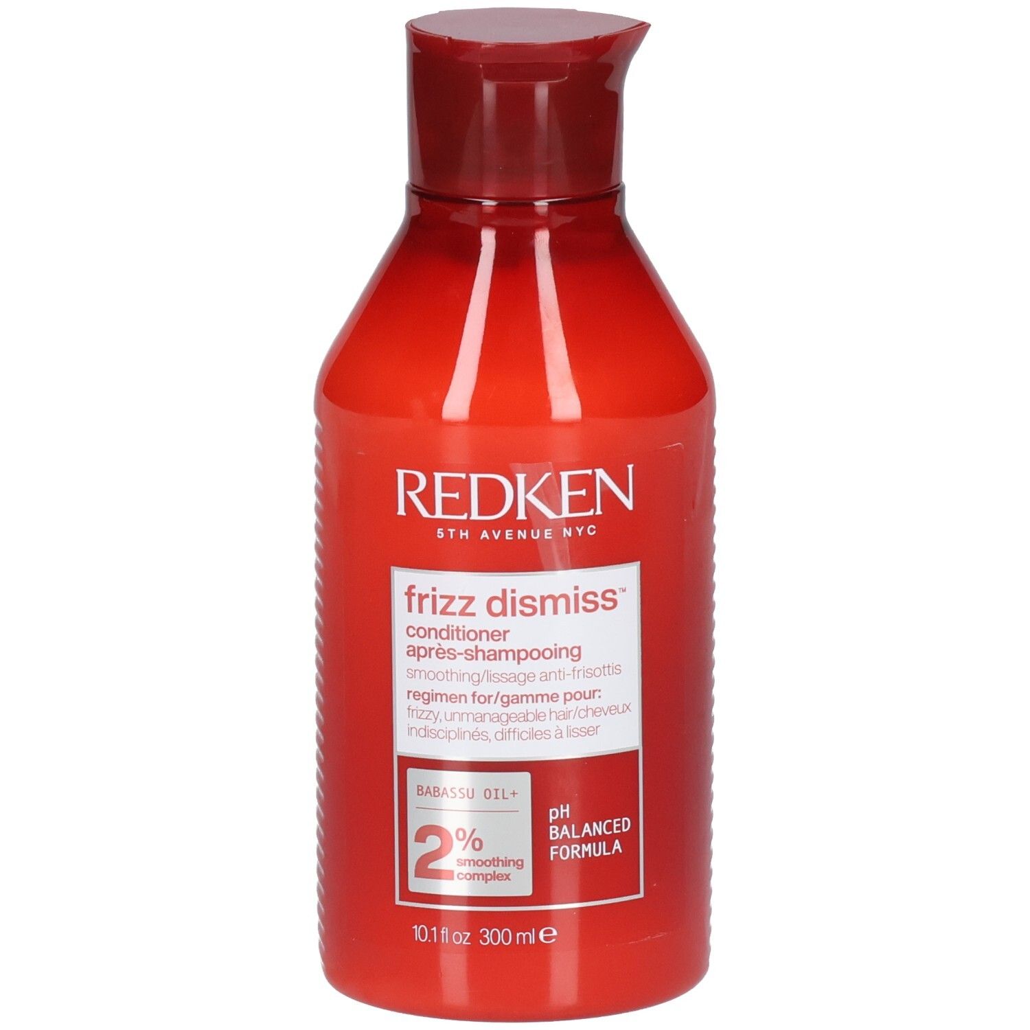 Flacon rouge Redken Frizz Dismiss Conditioner. Contient 300 ml. Inscription : Redken, Frizz Dismiss, Conditioner.