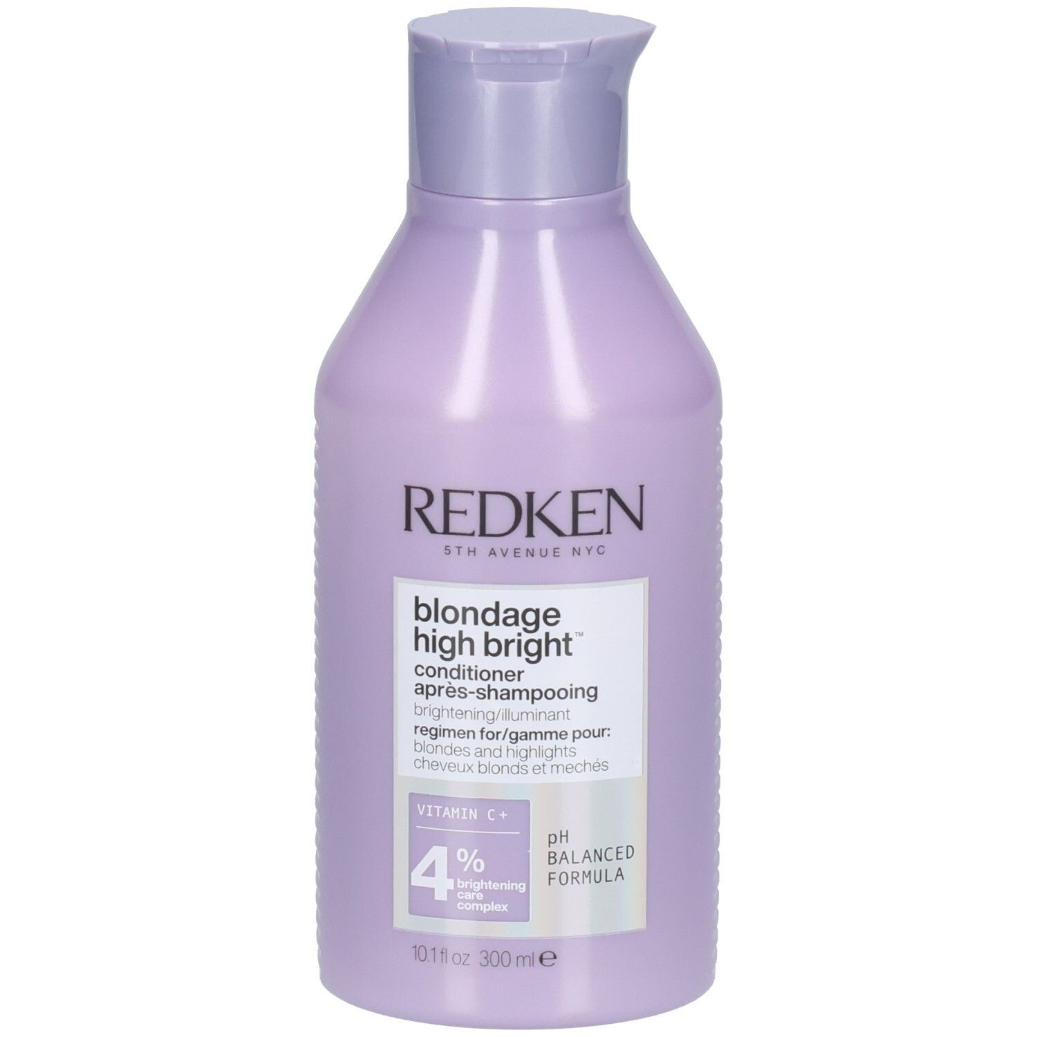 Flacon de revitalisant Redken Blondage High Bright. Produit lilas avec texte blanc. Contient de la vitamine C+.