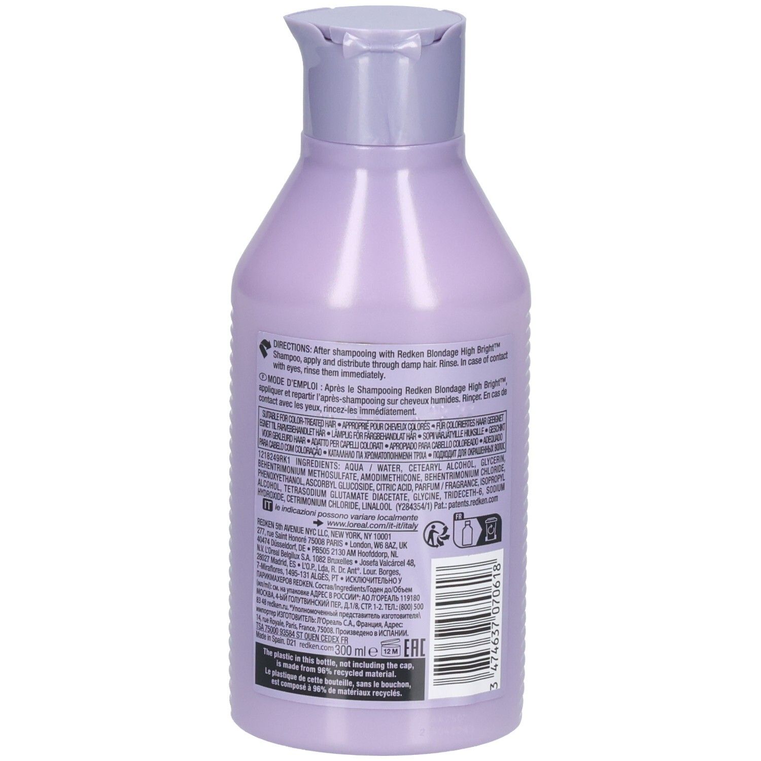 Dos du flacon de revitalisant Redken Blondage High Bright. Contient du texte et un code-barres. Couleur lilas.