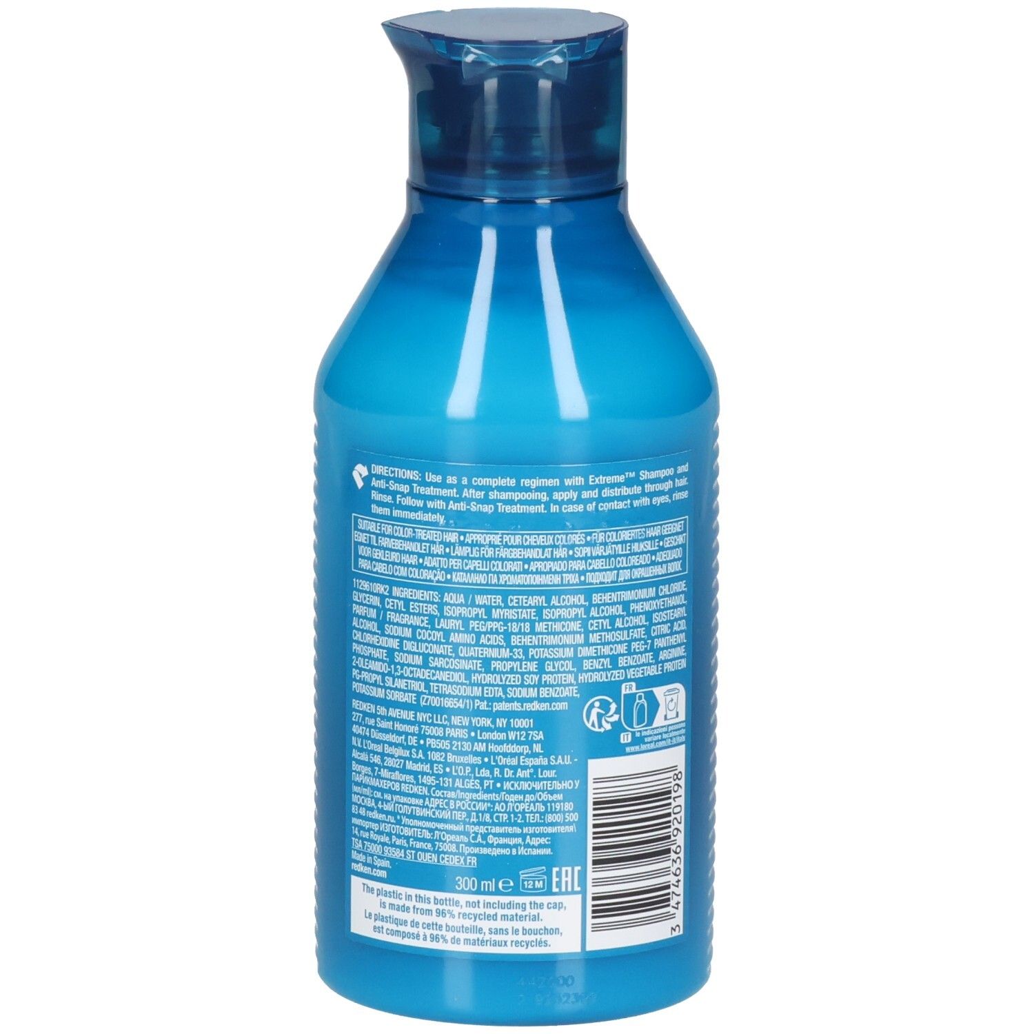 Dos d'un flacon bleu-turquoise. Contient texte et code-barres. Inscription: Redken Extreme Conditioner. 300ml. Fabriqué avec matériau recyclé.