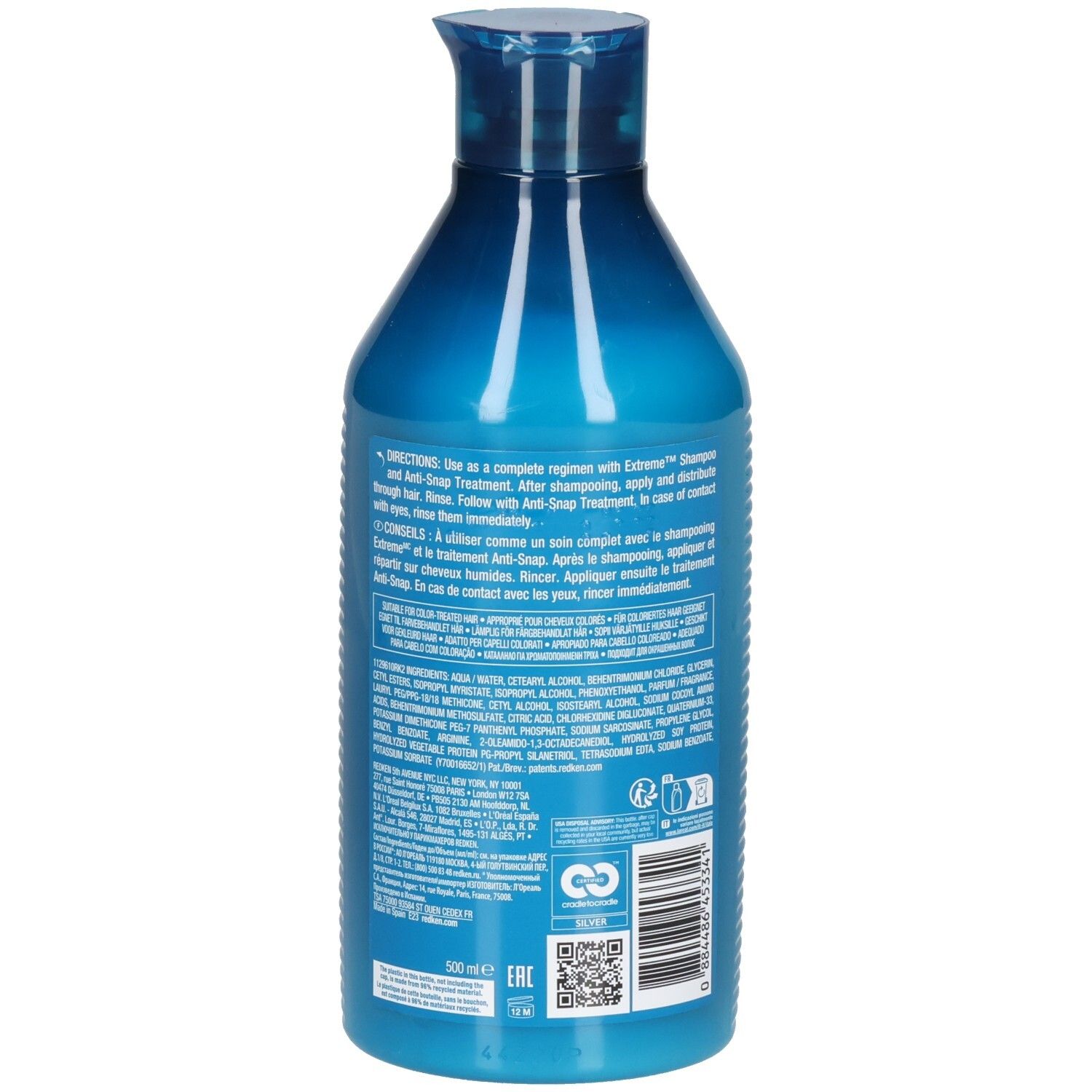 Dos du flacon bleu Redken Extreme Conditioner. Contient ingrédients, code QR et logos.