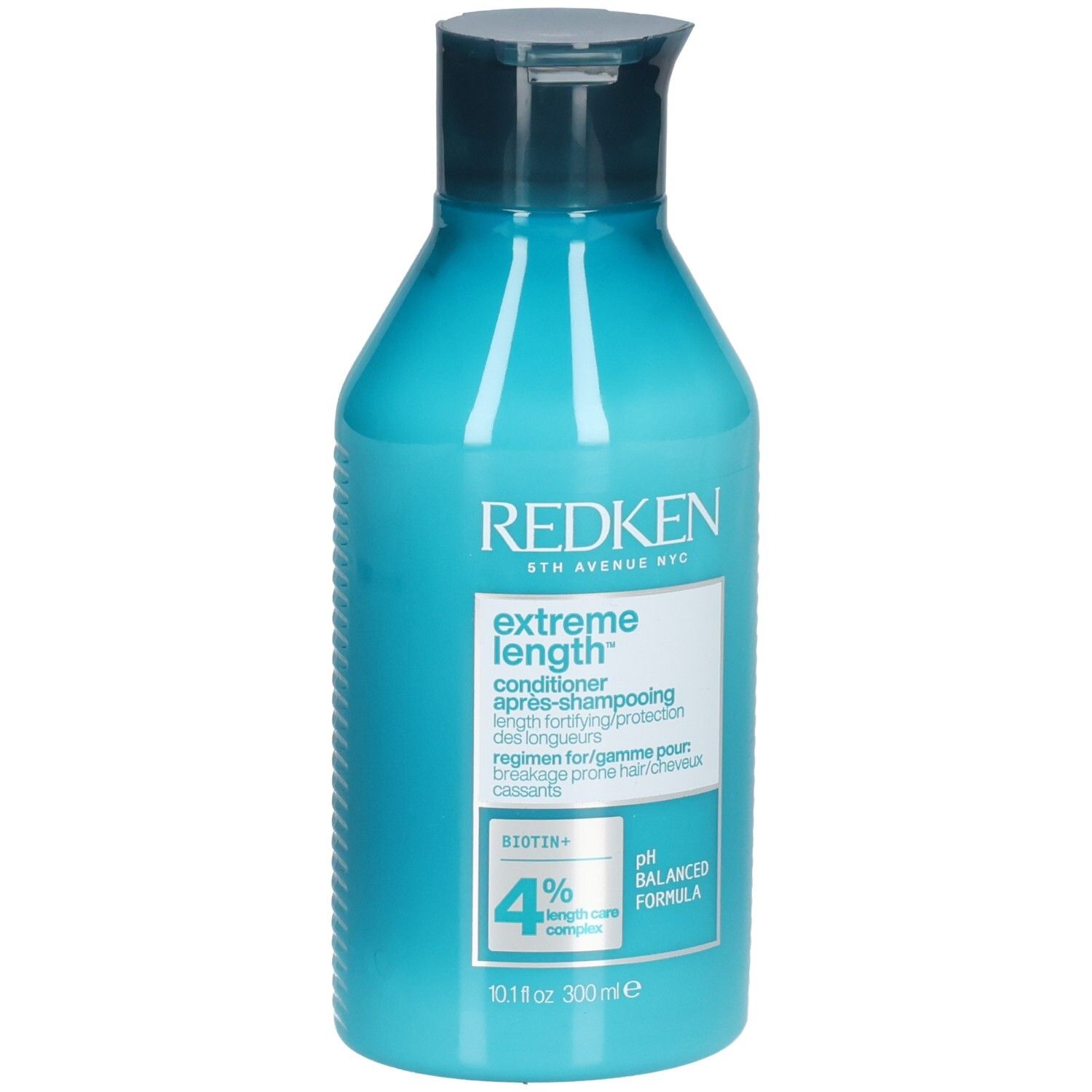 Bouteille bleu turquoise avec bouchon bleu foncé. Inscription : REDKEN, Extreme Length Conditioner. Contient Biotine+ et 4% Length Care Complex.