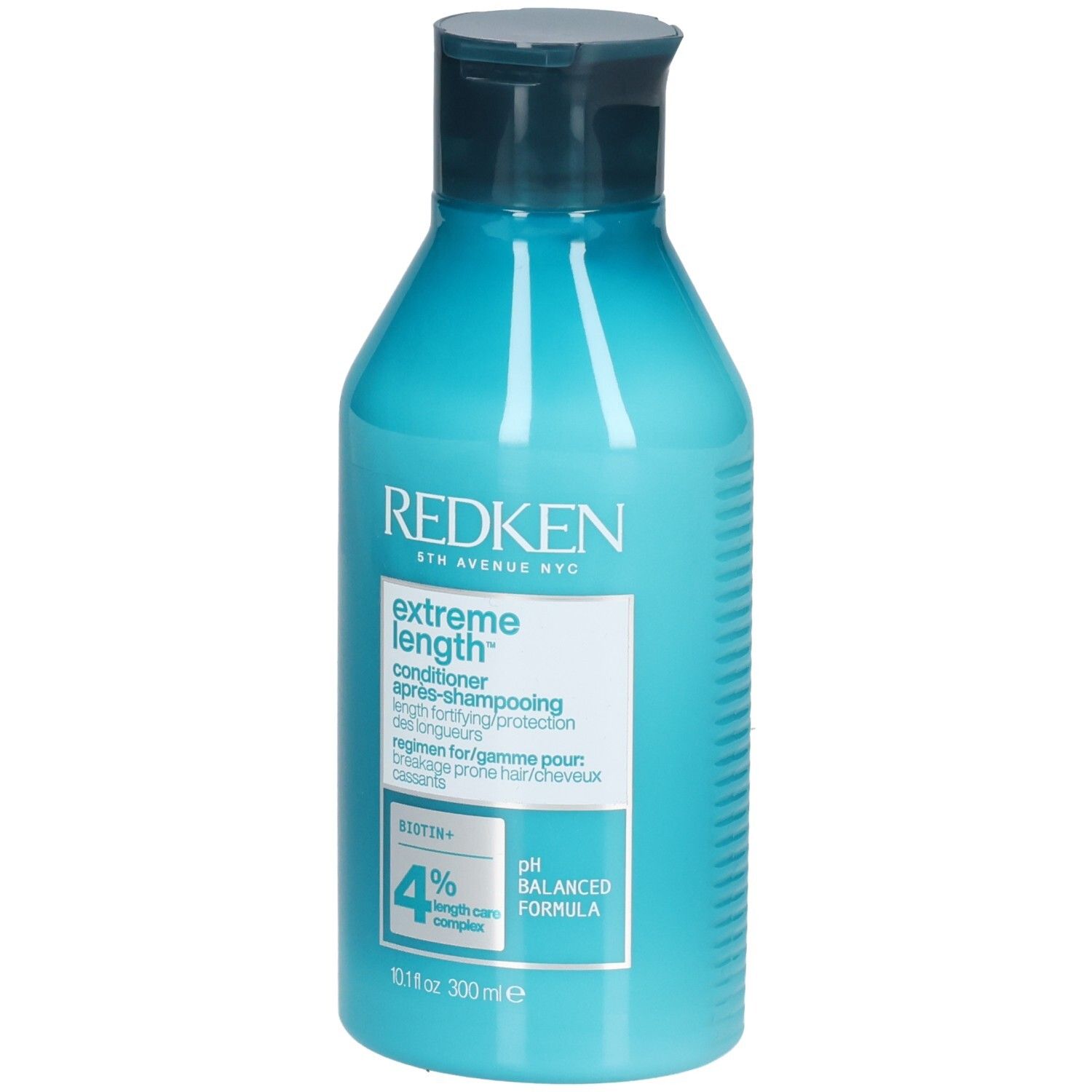 Bouteille bleu turquoise avec bouchon bleu foncé. Inscription : REDKEN, Extreme Length Conditioner. Contient Biotine+ et 4% Length Care Complex.