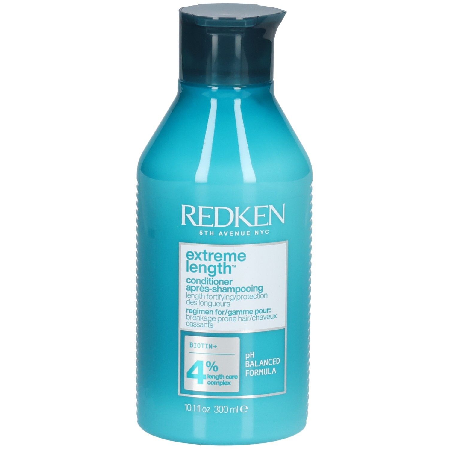 Bouteille bleu turquoise avec bouchon bleu foncé. Inscription : REDKEN, Extreme Length Conditioner. Contient Biotine+ et 4% Length Care Complex.