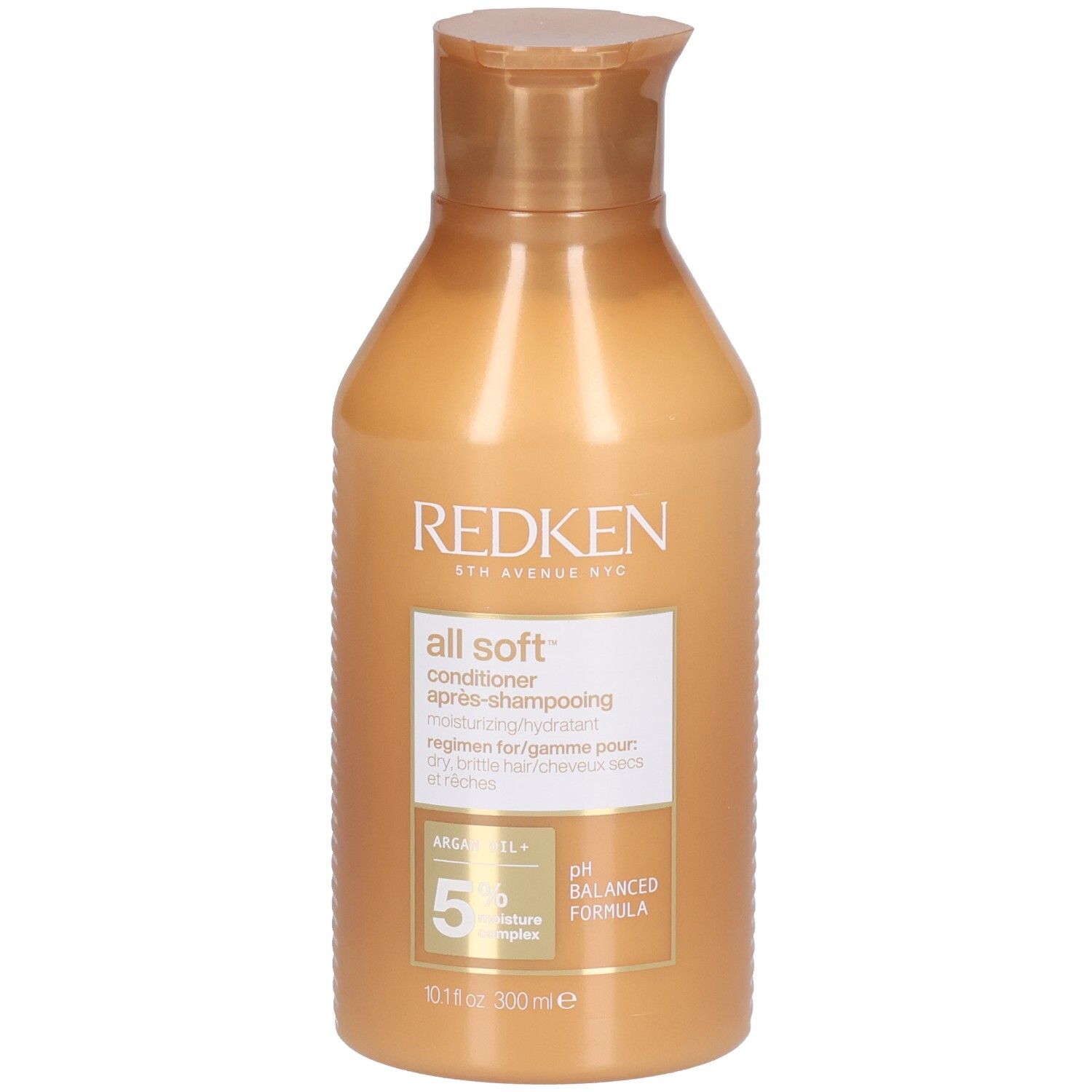 Conditionneur Redken All Soft. Flacon doré avec bouchon rabattable. Nom du produit et ingrédients sur l'étiquette.
