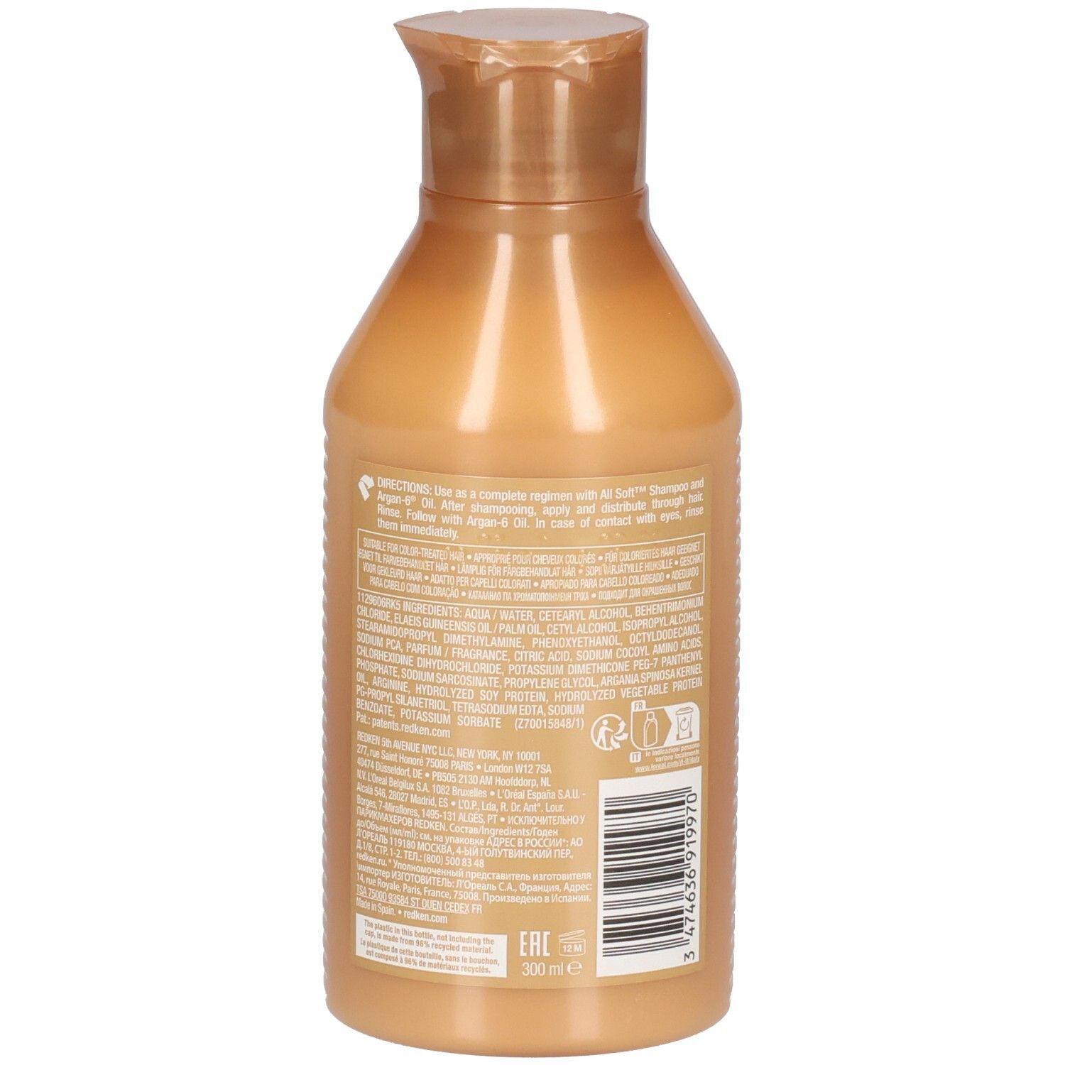 Dos du flacon de conditionneur Redken All Soft. Texte avec ingrédients et informations. Code-barres et indication de volume.