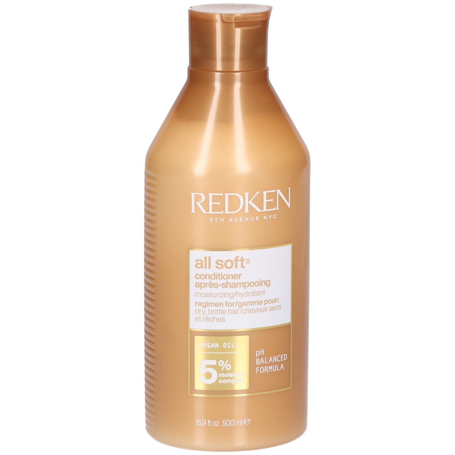 Flacon doré de revitalisant. Inscriptions : Redken, All Soft, Conditioner, 5% Moisture Complex, pH Balanced Formula.